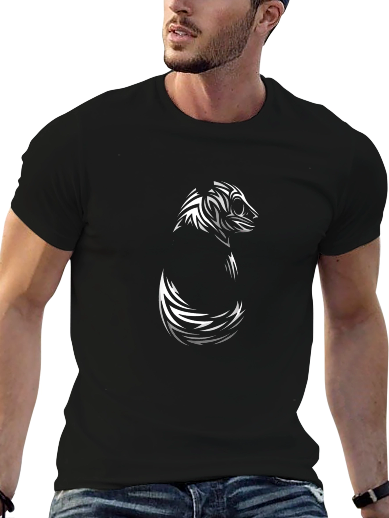 Mens Black T-Shirt with Abstract Animal Design