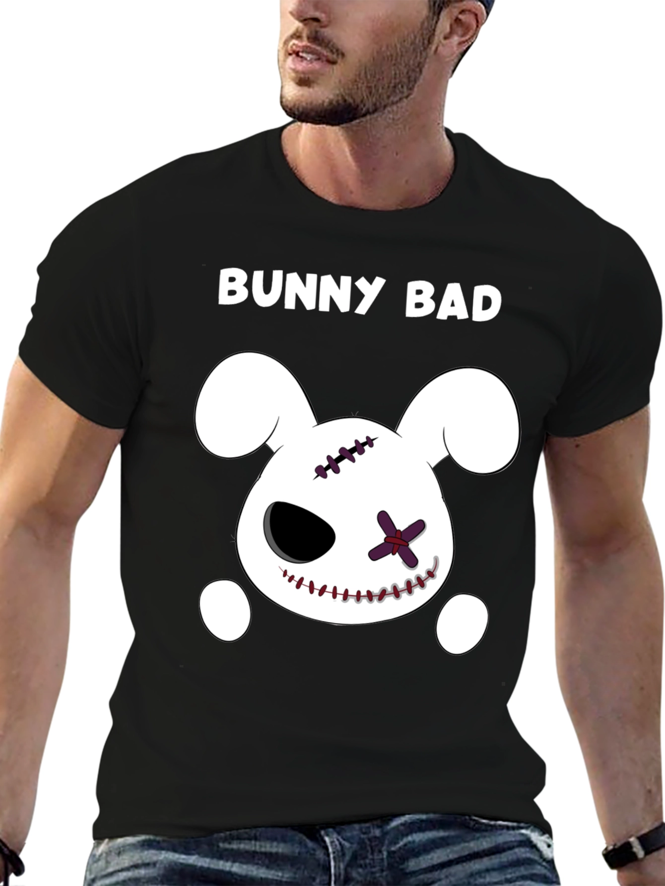 Bunny Bad Graphic Tee - Black Cotton Casual T-Shirt
