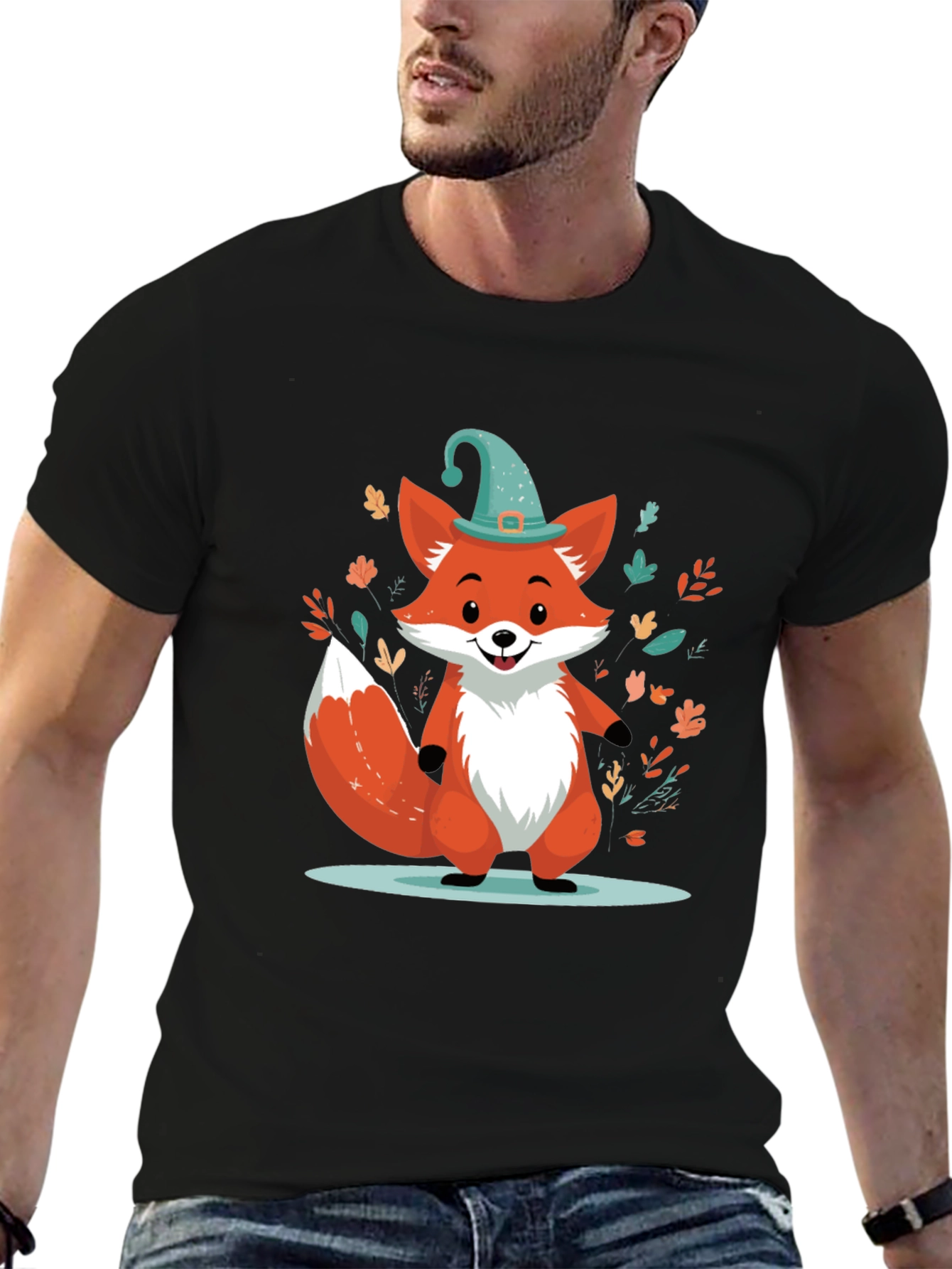 Whimsical Fox Graphic Tee - Black Cotton Blend