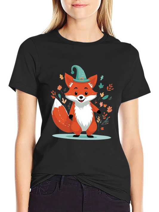 Whimsical Fox Graphic Tee - Black Cotton Blend