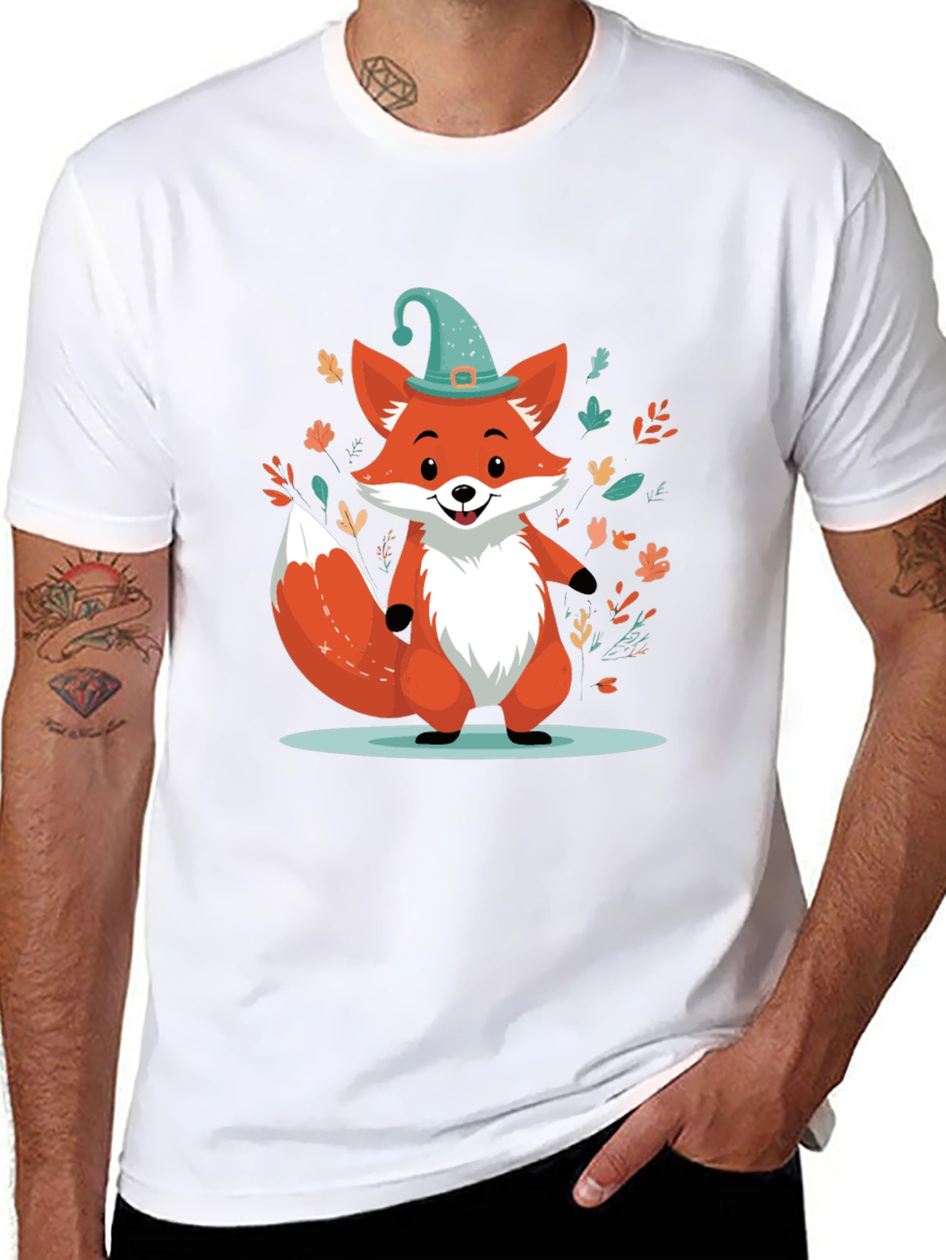 Whimsical Fox Graphic Tee - Black Cotton Blend