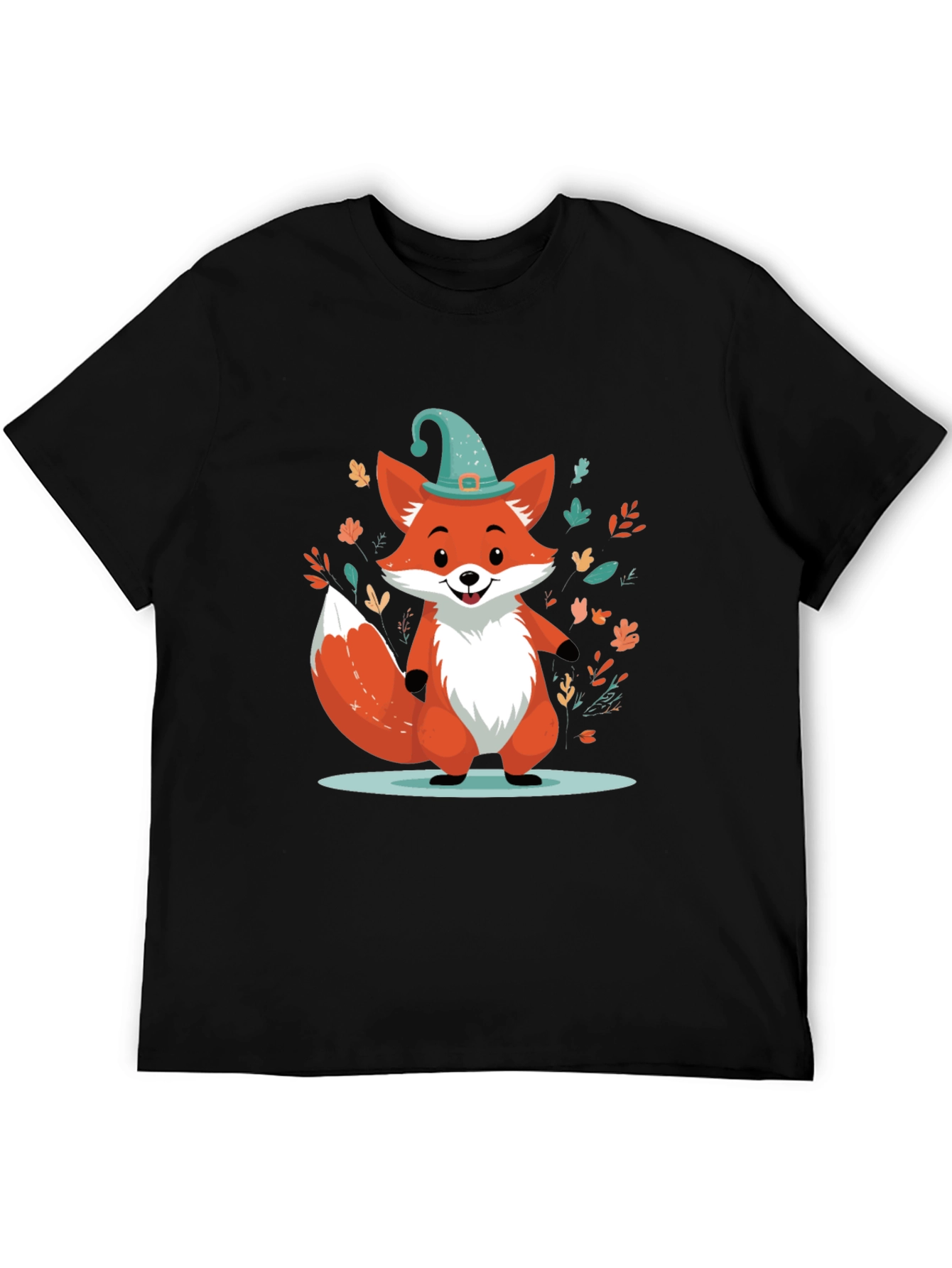 Whimsical Fox Graphic Tee - Black Cotton Blend