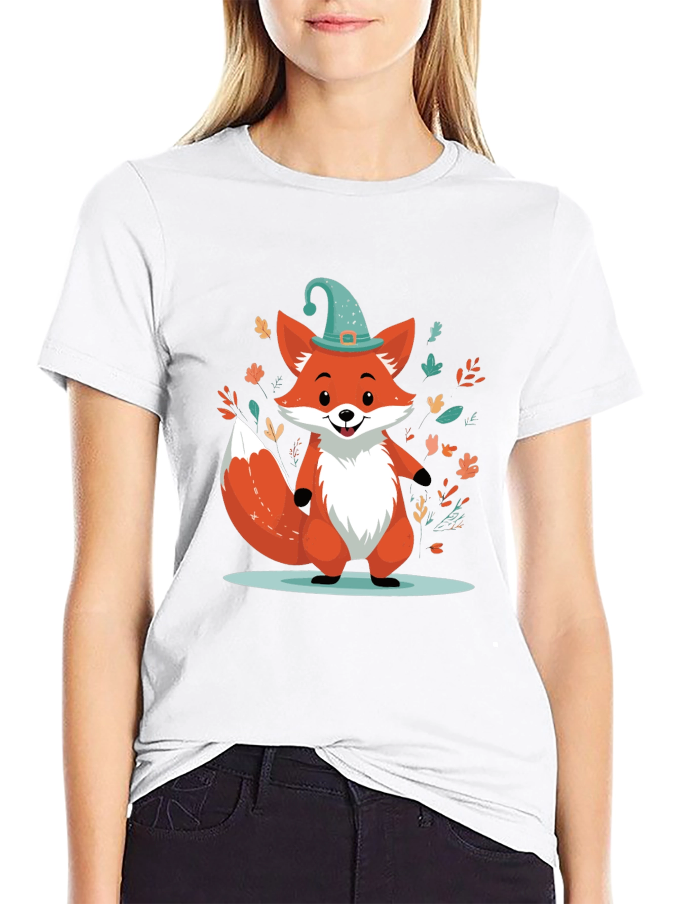 Whimsical Fox Graphic Tee - Black Cotton Blend