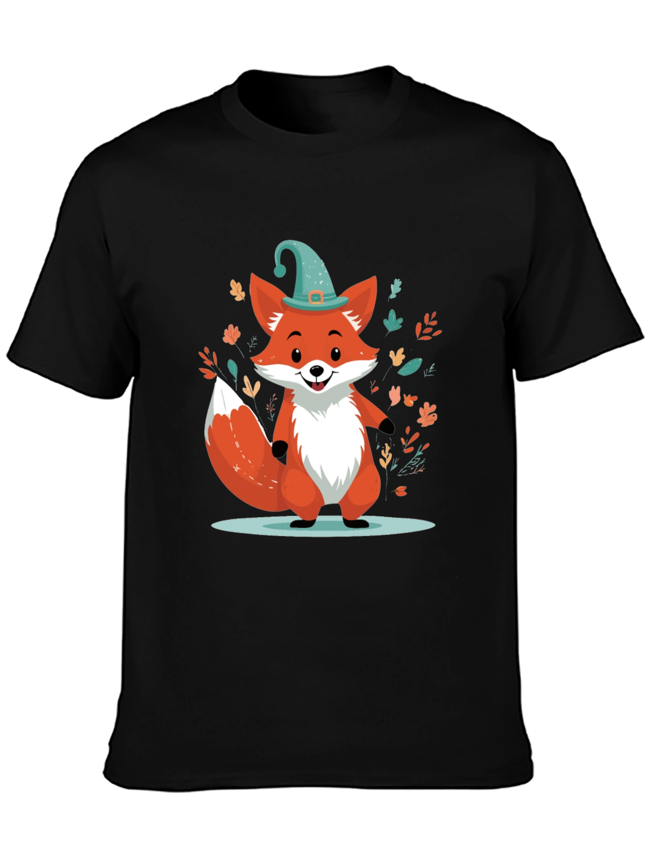 Whimsical Fox Graphic Tee - Black Cotton Blend