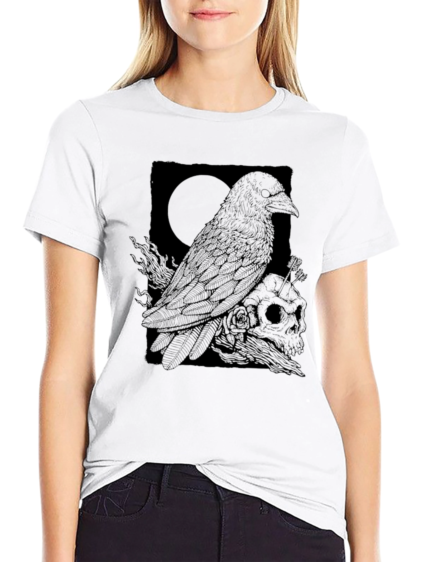 Raven & Skull Graphic Tee - Dark Gothic Design
