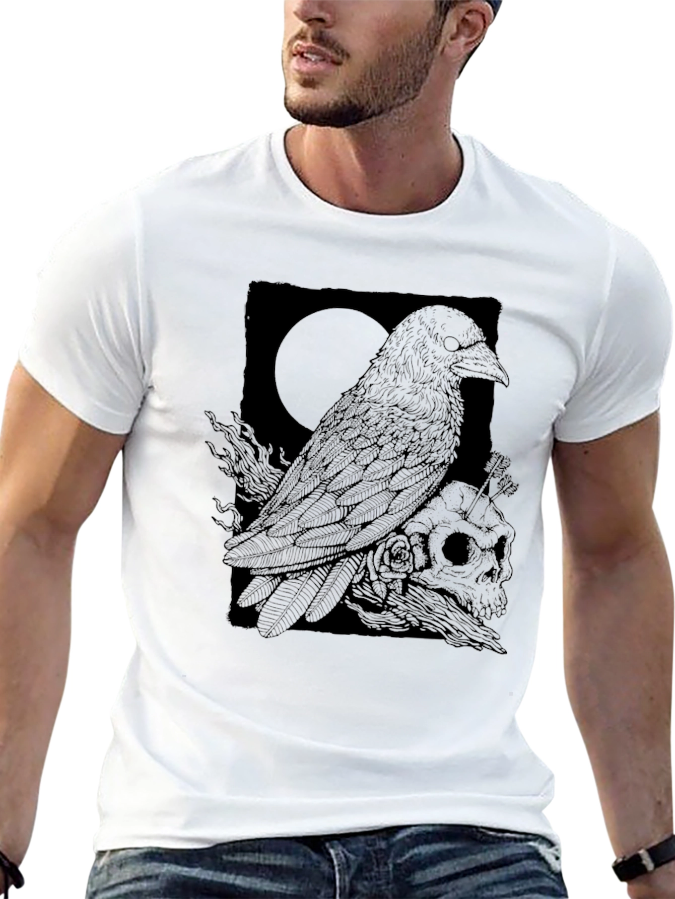 Raven & Skull Graphic Tee - Dark Gothic Design