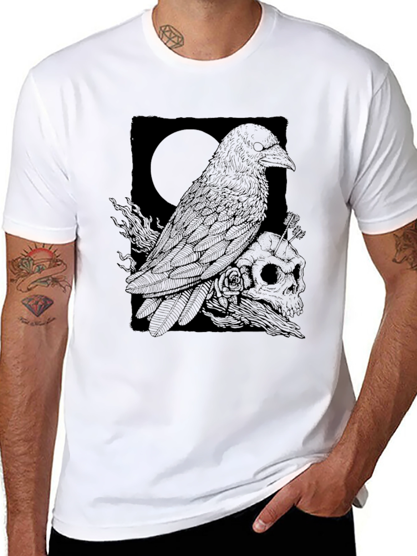 Raven & Skull Graphic Tee - Dark Gothic Design