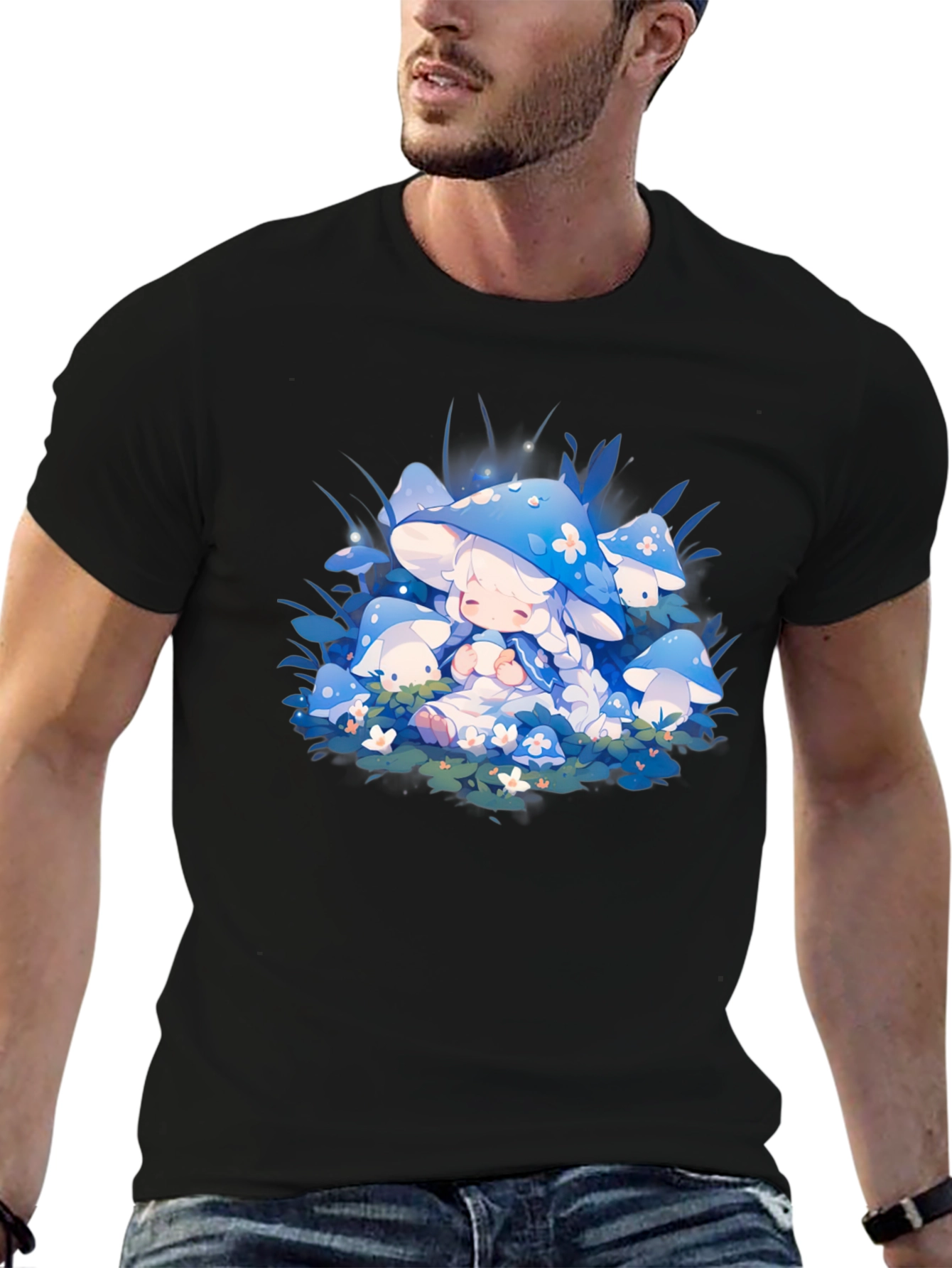 Anime Mushroom Girl Black T-Shirt