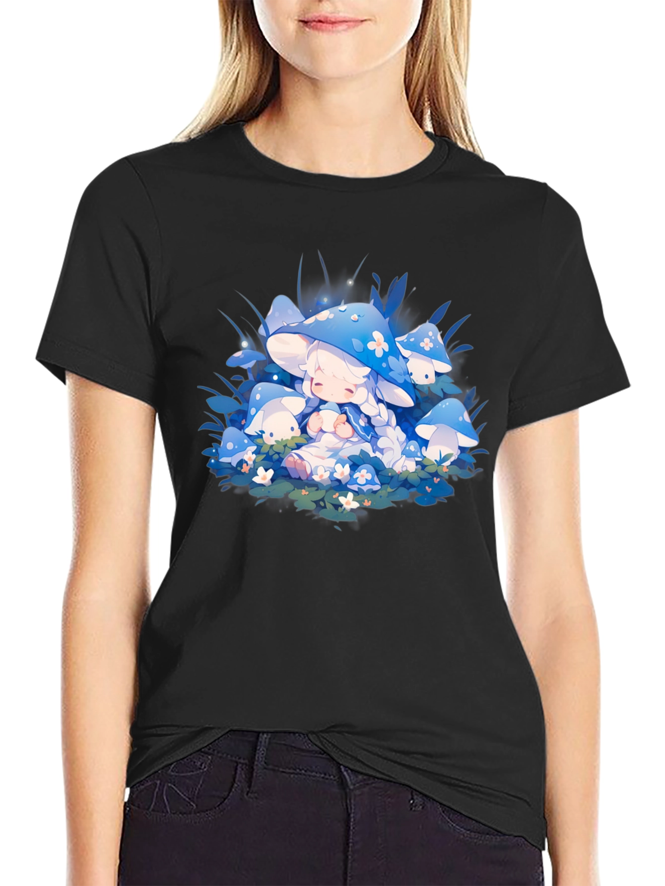 Anime Mushroom Girl Black T-Shirt