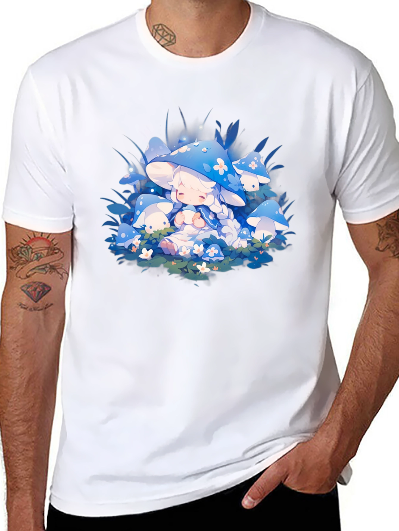 Anime Mushroom Girl Black T-Shirt