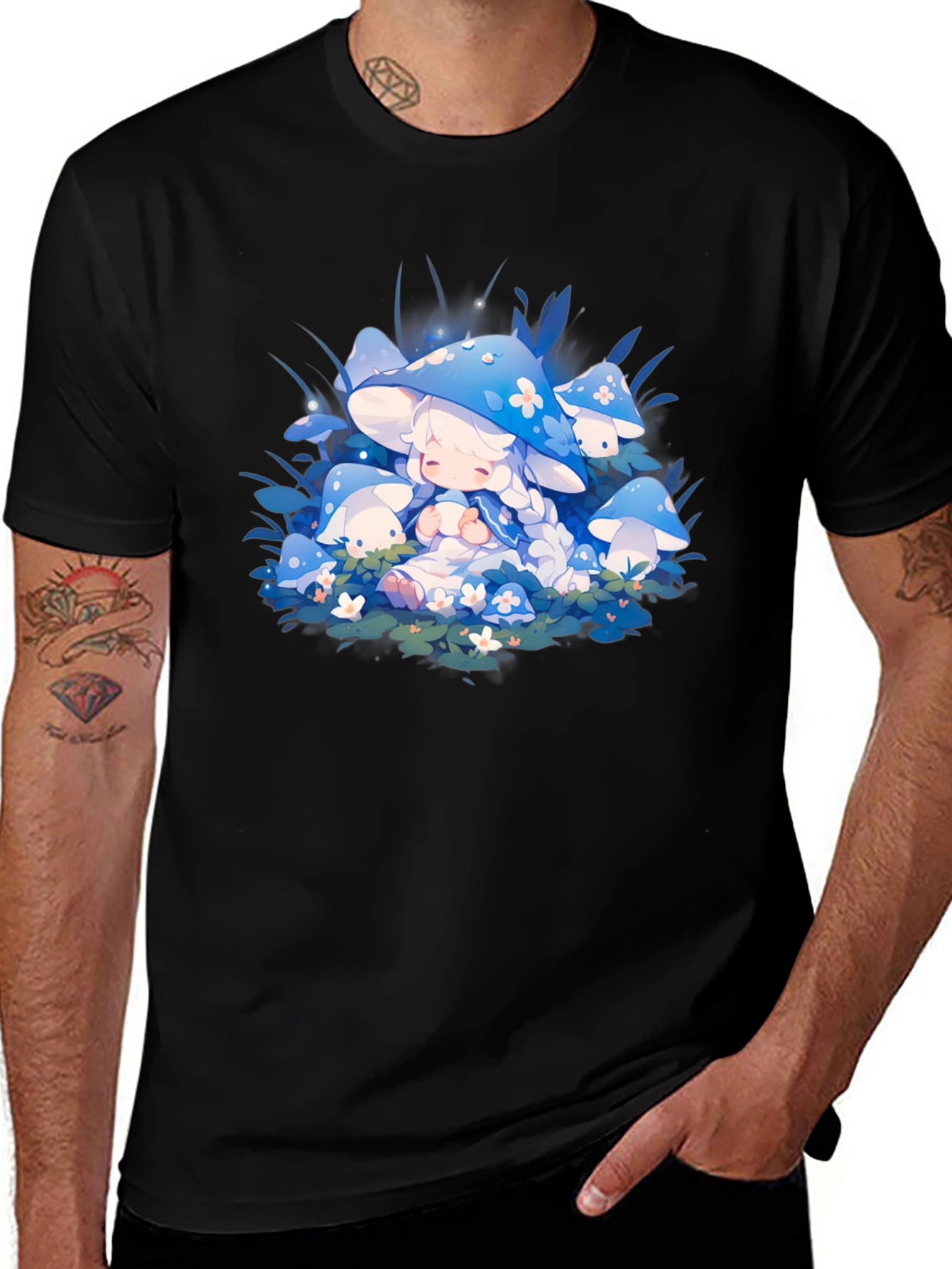 Anime Mushroom Girl Black T-Shirt