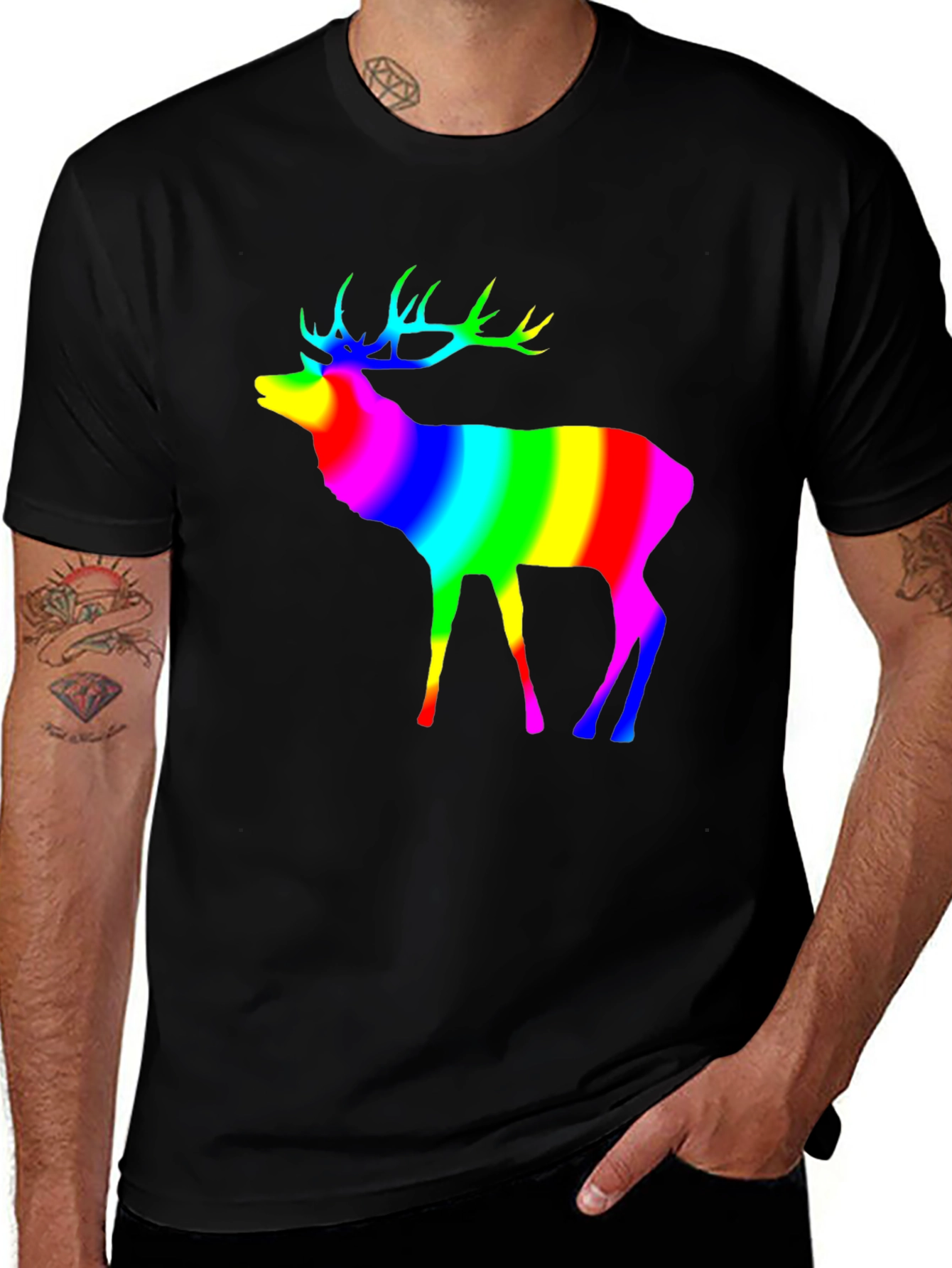 Rainbow Deer Graphic Tee - Black Cotton T-Shirt