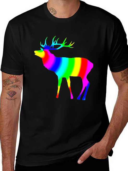 Rainbow Deer Graphic Tee - Black Cotton T-Shirt