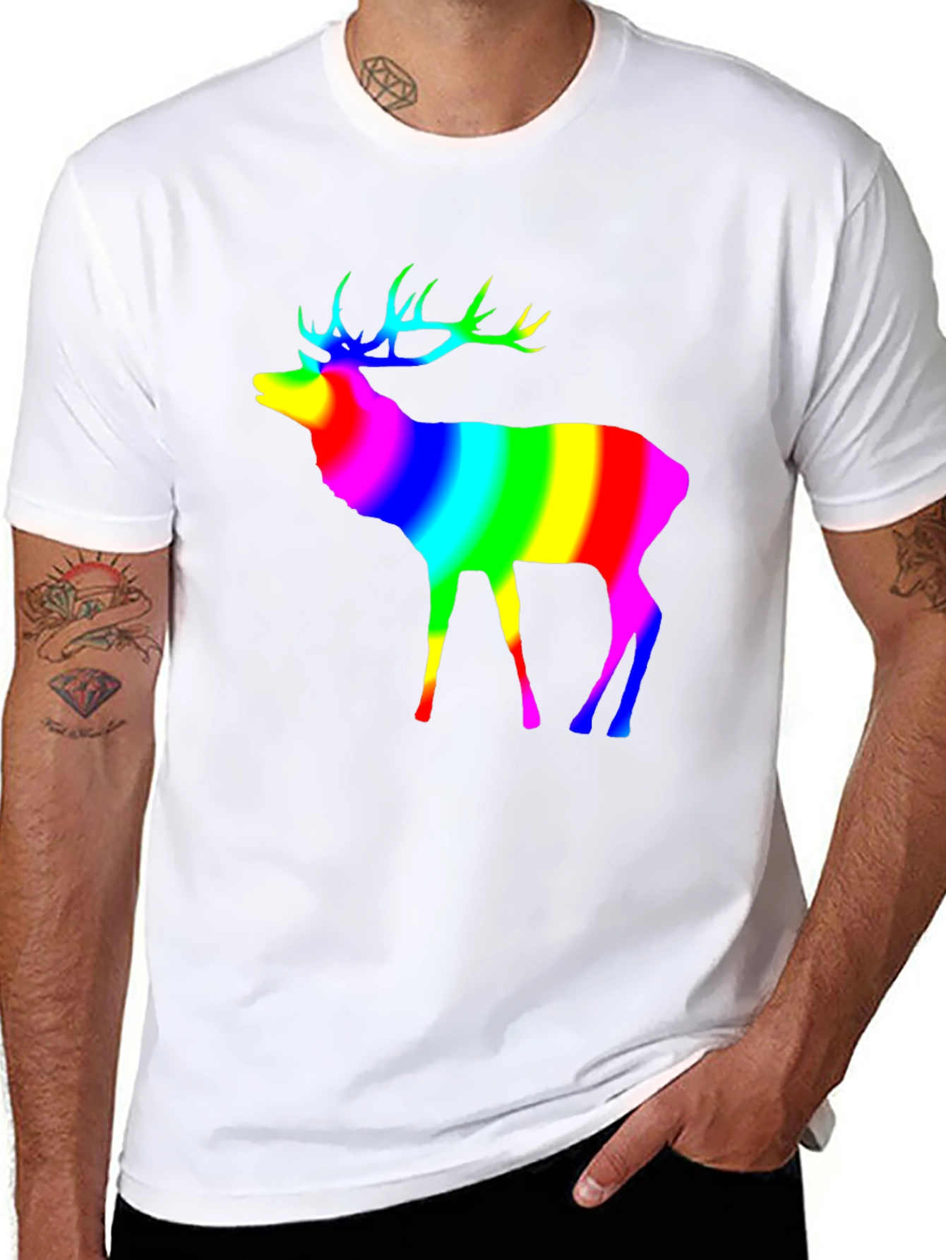 Rainbow Deer Graphic Tee - Black Cotton T-Shirt