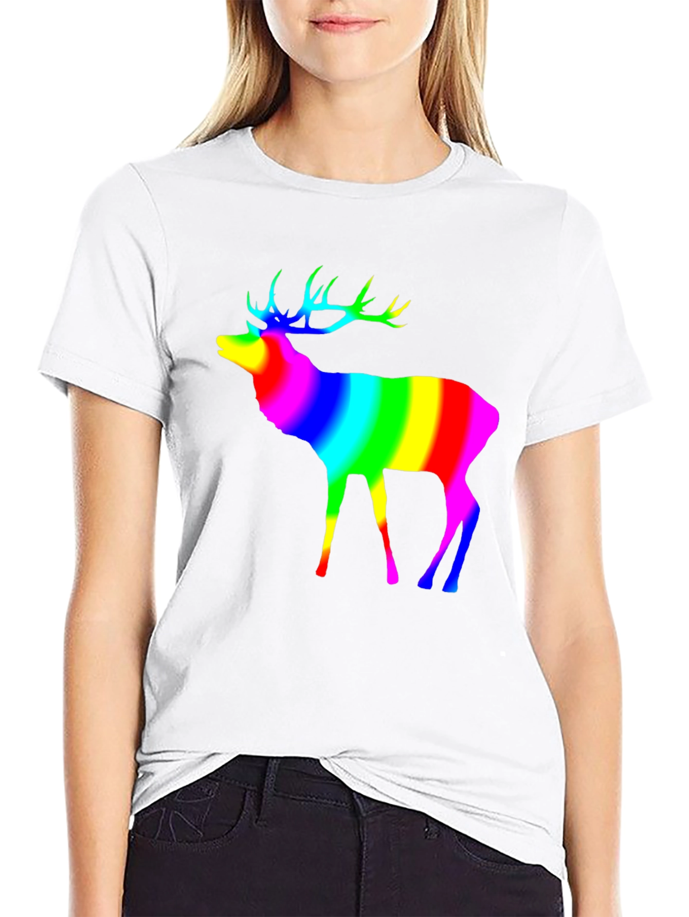 Rainbow Deer Graphic Tee - Black Cotton T-Shirt