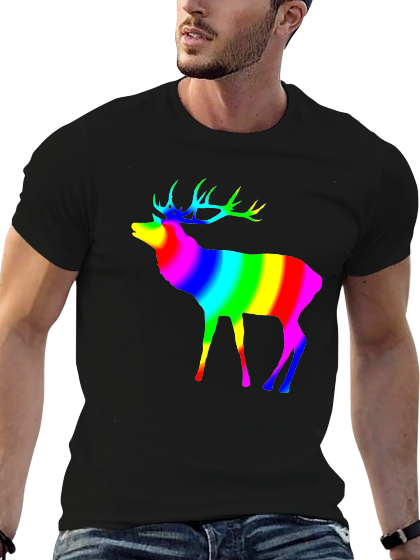Rainbow Deer Graphic Tee - Black Cotton T-Shirt