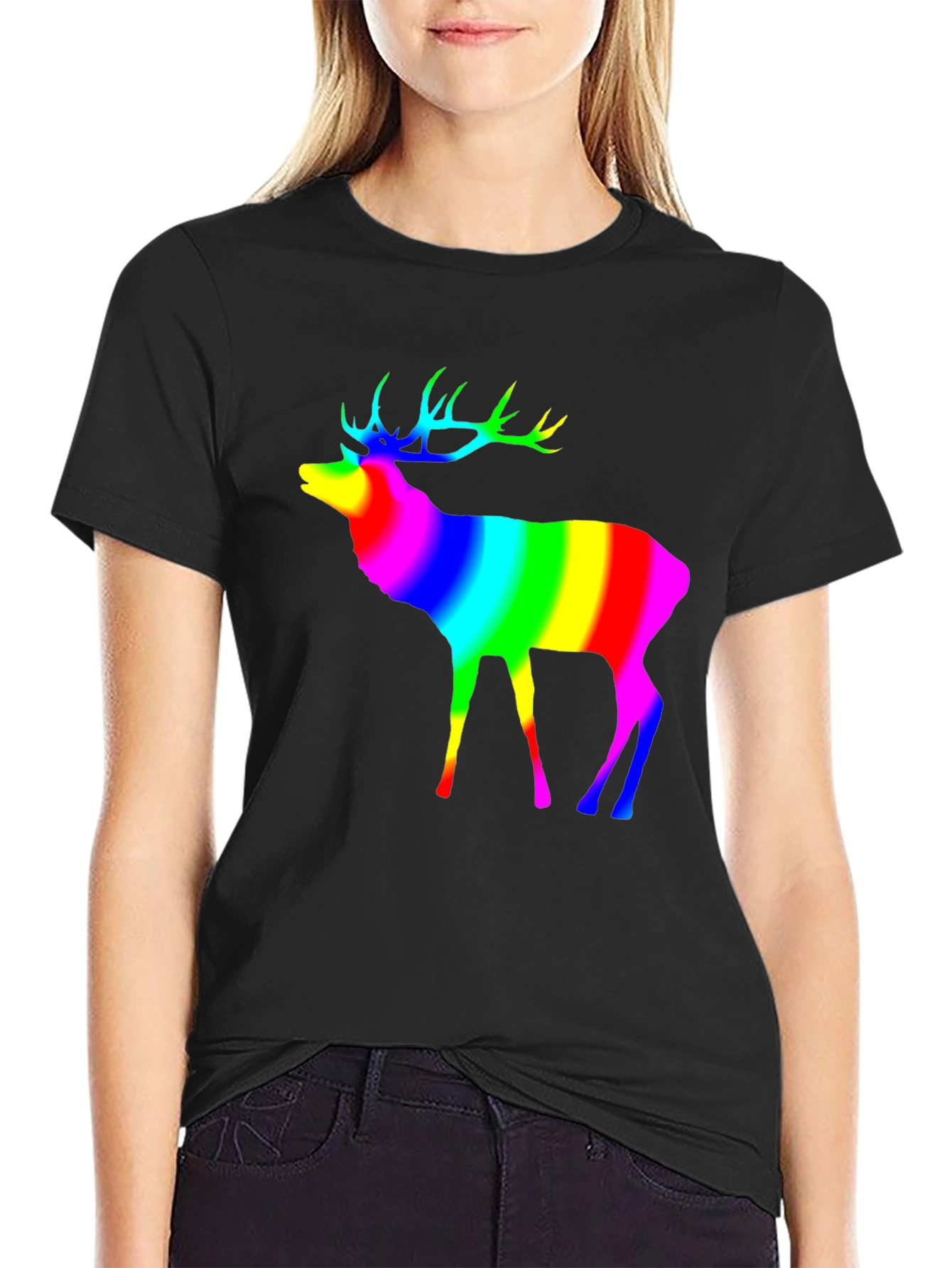 Rainbow Deer Graphic Tee - Black Cotton T-Shirt