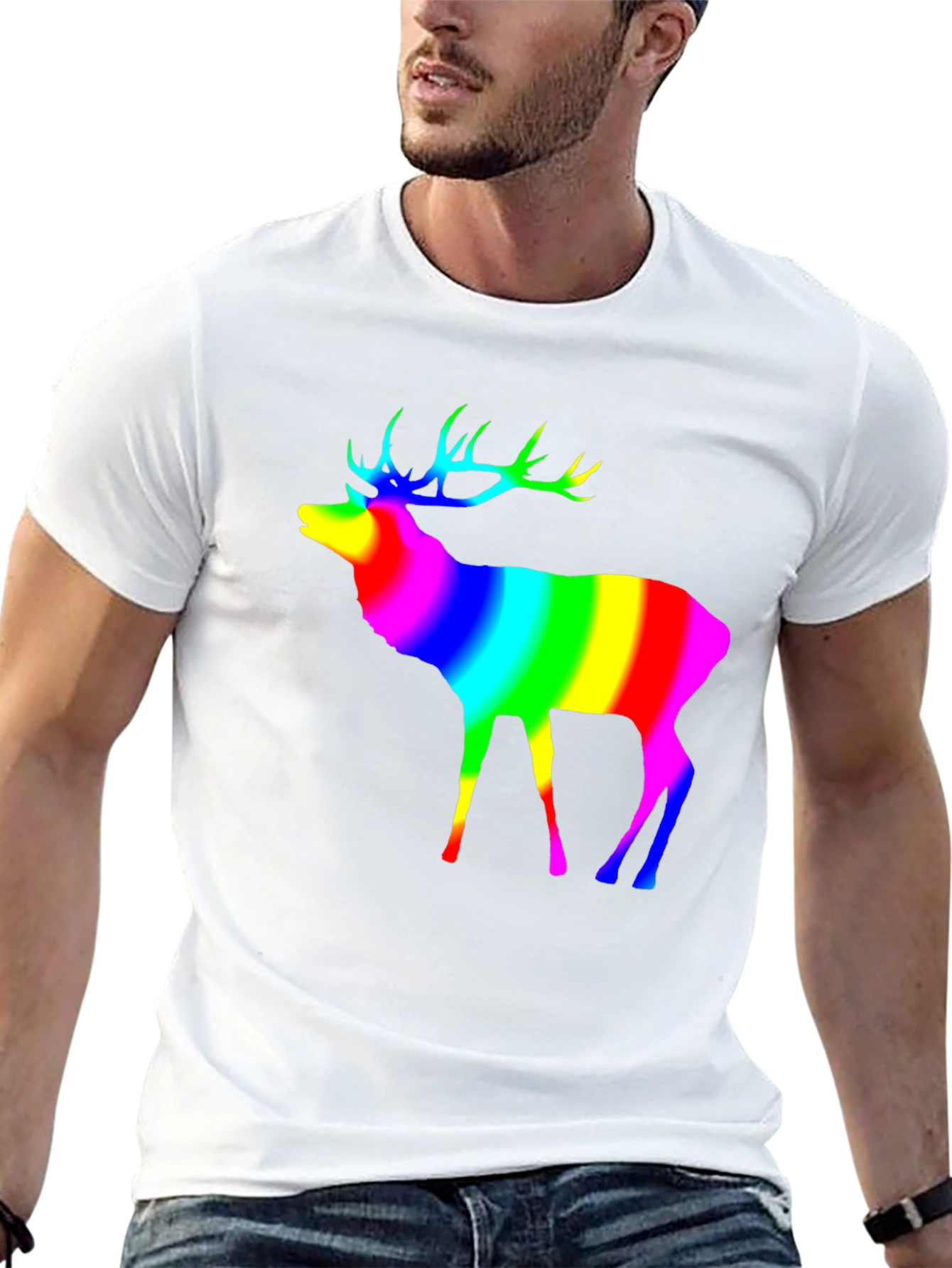 Rainbow Deer Graphic Tee - Black Cotton T-Shirt