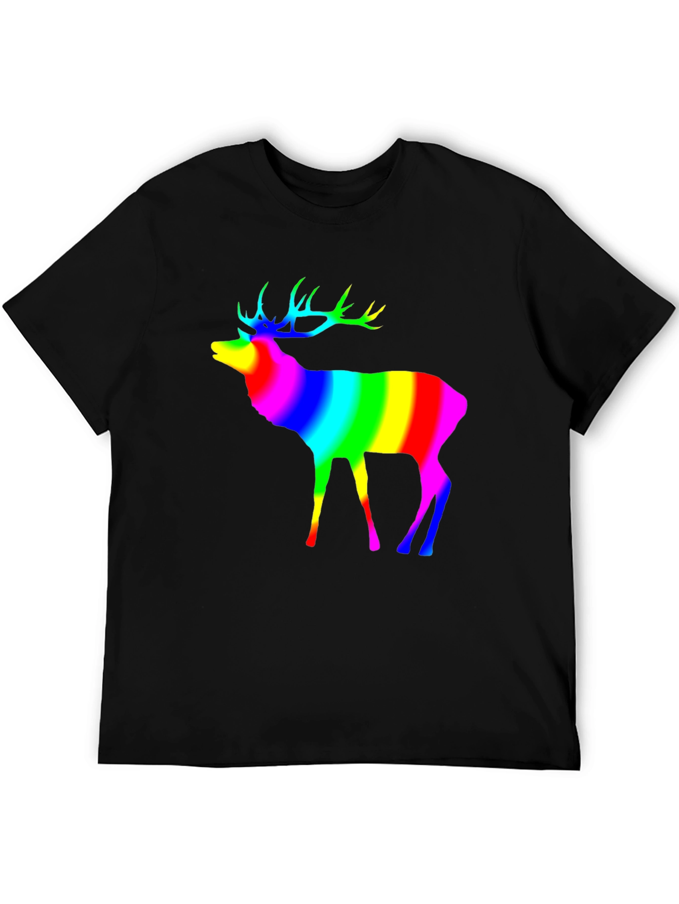 Rainbow Deer Graphic Tee - Black Cotton T-Shirt