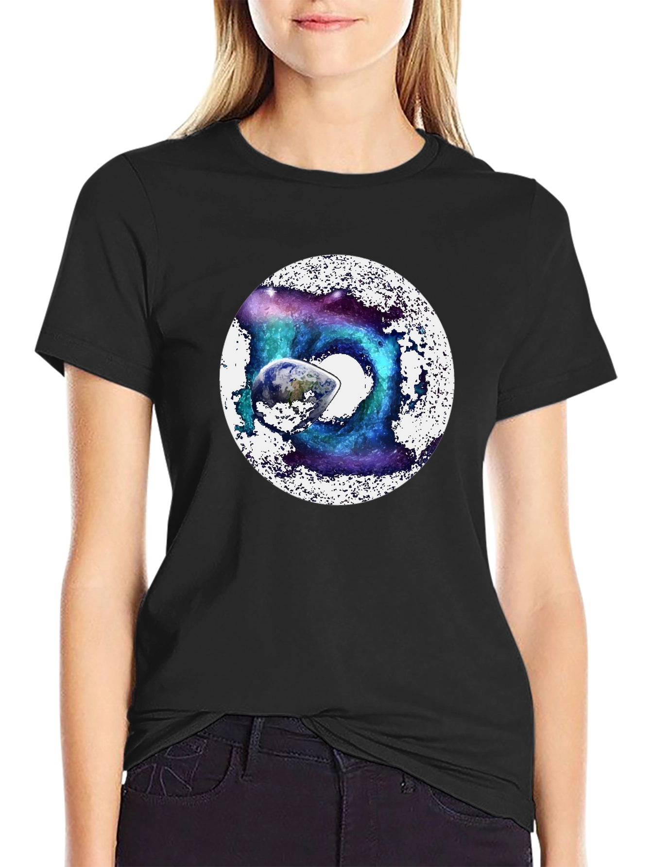 Cosmic Earth Graphic Tee - Black Crew Neck