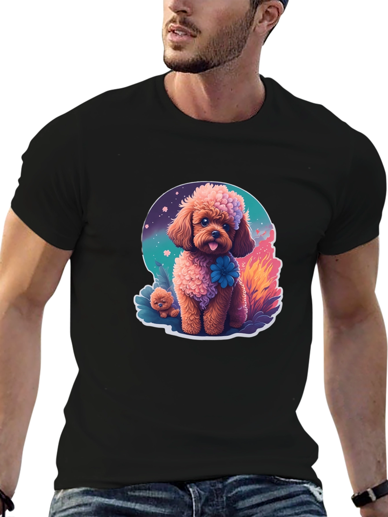 Cute Poodle Graphic Tee - Black Cotton Blend