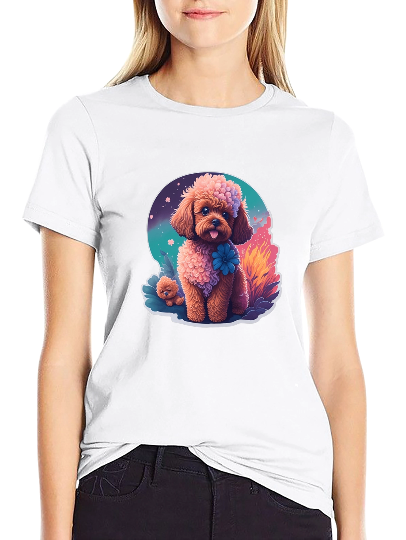 Cute Poodle Graphic Tee - Black Cotton Blend