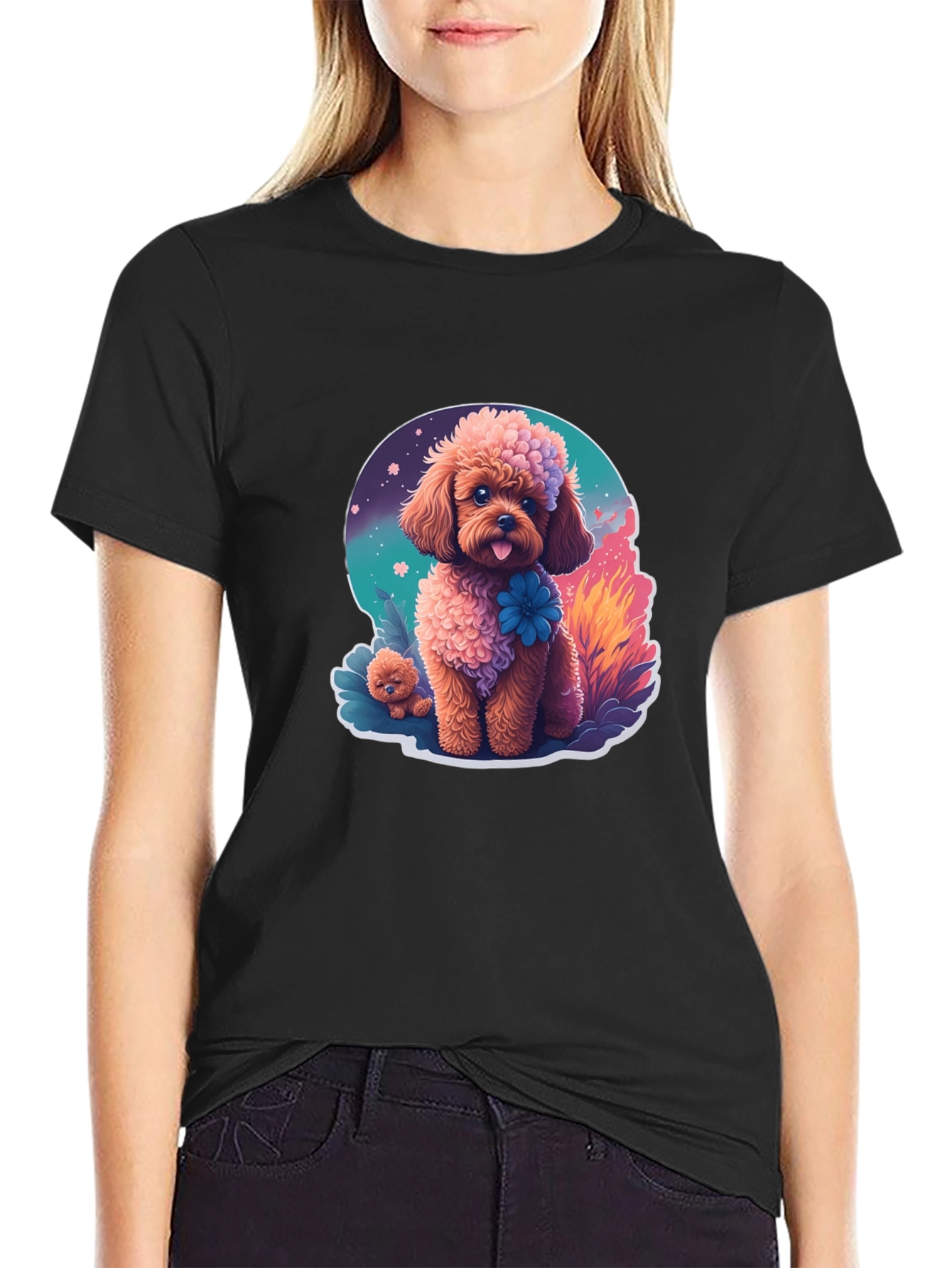 Cute Poodle Graphic Tee - Black Cotton Blend