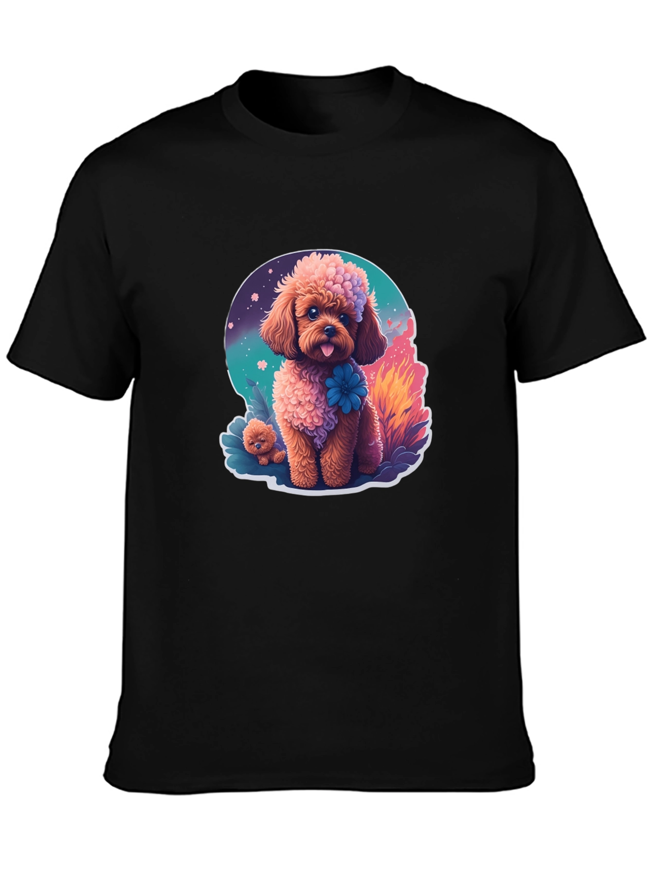 Cute Poodle Graphic Tee - Black Cotton Blend