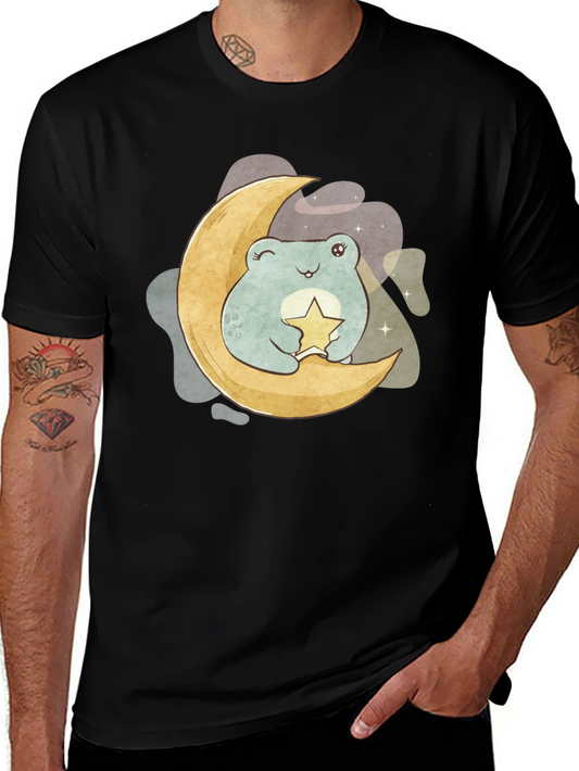 Cute Frog on Moon Graphic Tee - Black Cotton T-Shirt