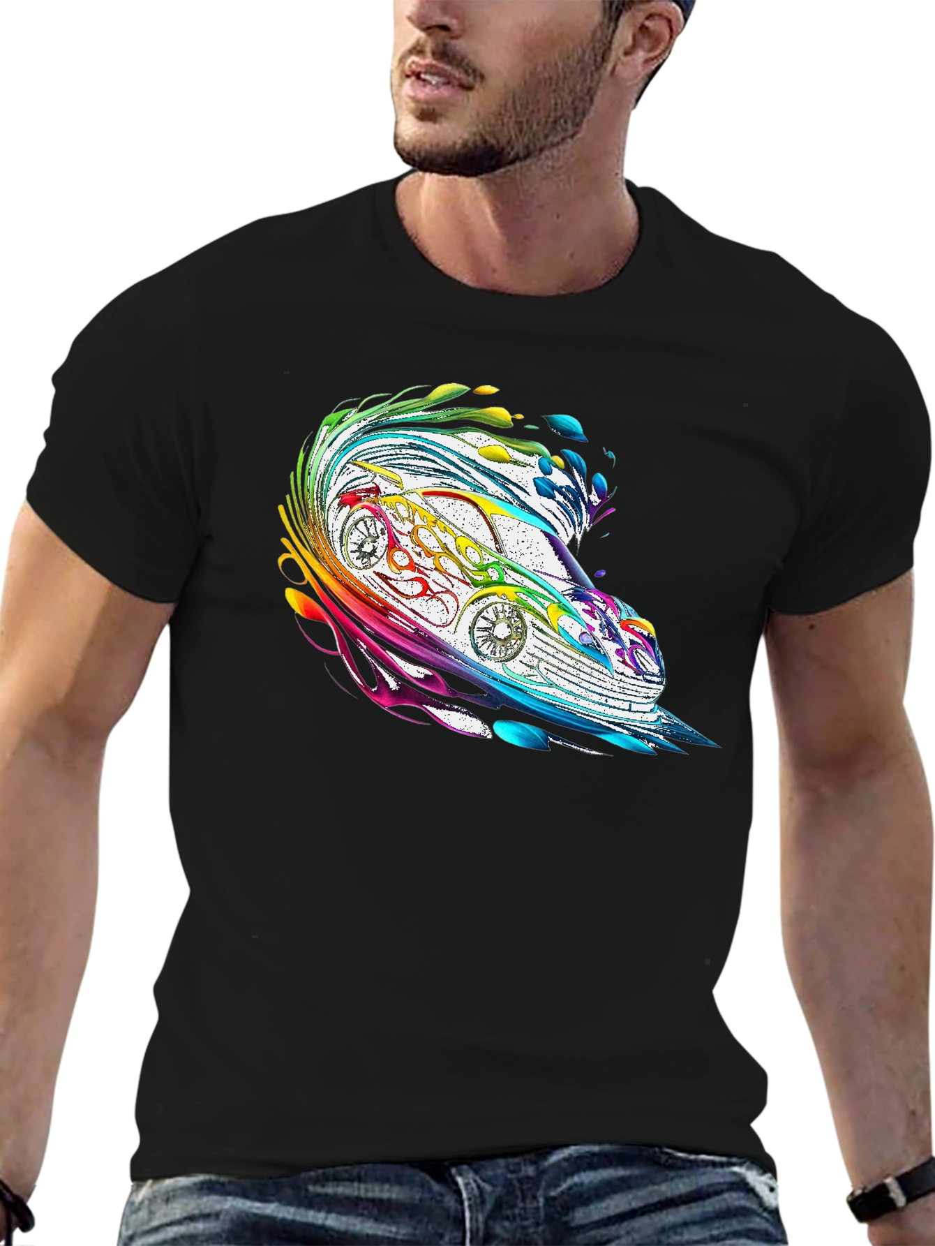 Rainbow Car Graphic Tee - Stylish Mens Black T-Shirt