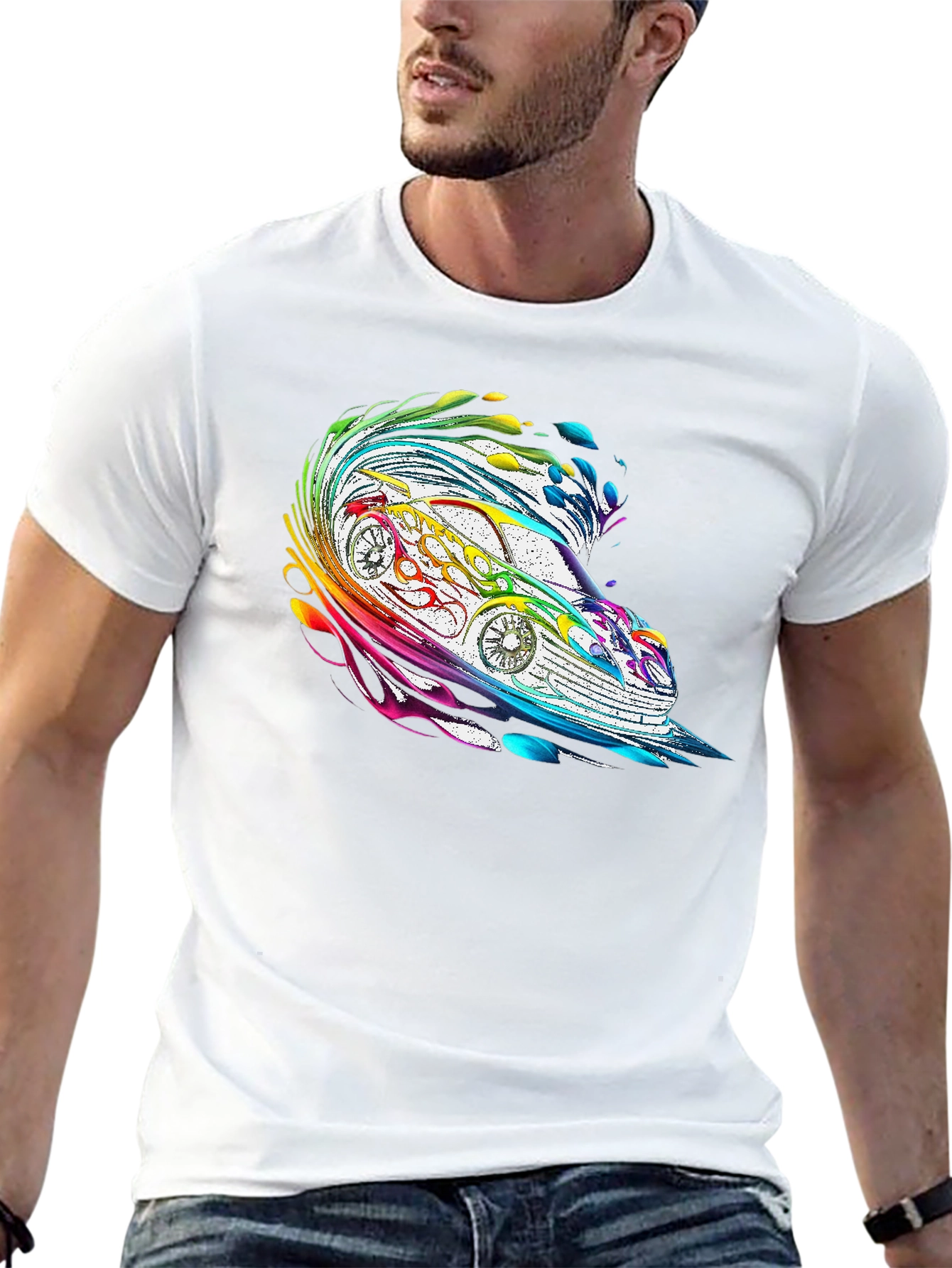 Rainbow Car Graphic Tee - Stylish Mens Black T-Shirt