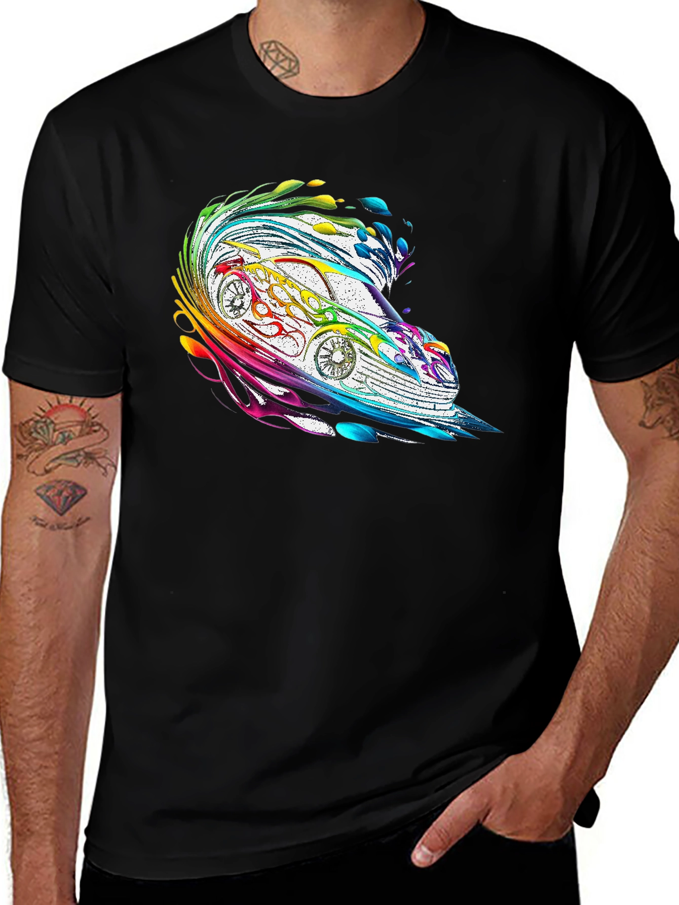 Rainbow Car Graphic Tee - Stylish Mens Black T-Shirt