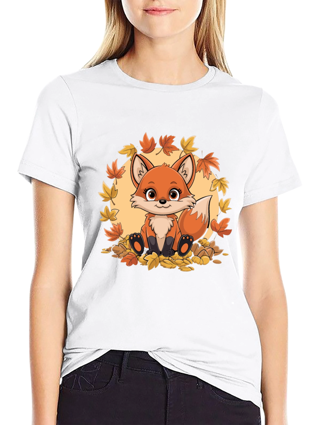 Cute Fox Autumn Leaves Graphic T-Shirt
