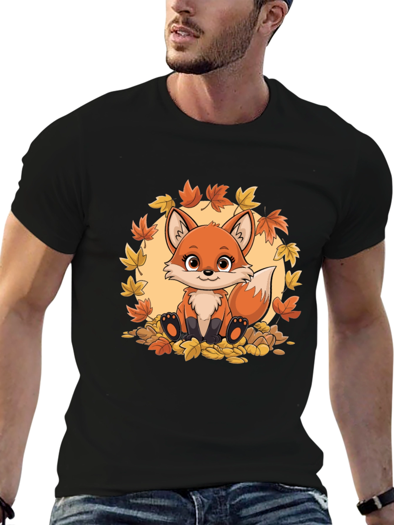 Cute Fox Autumn Leaves Graphic T-Shirt