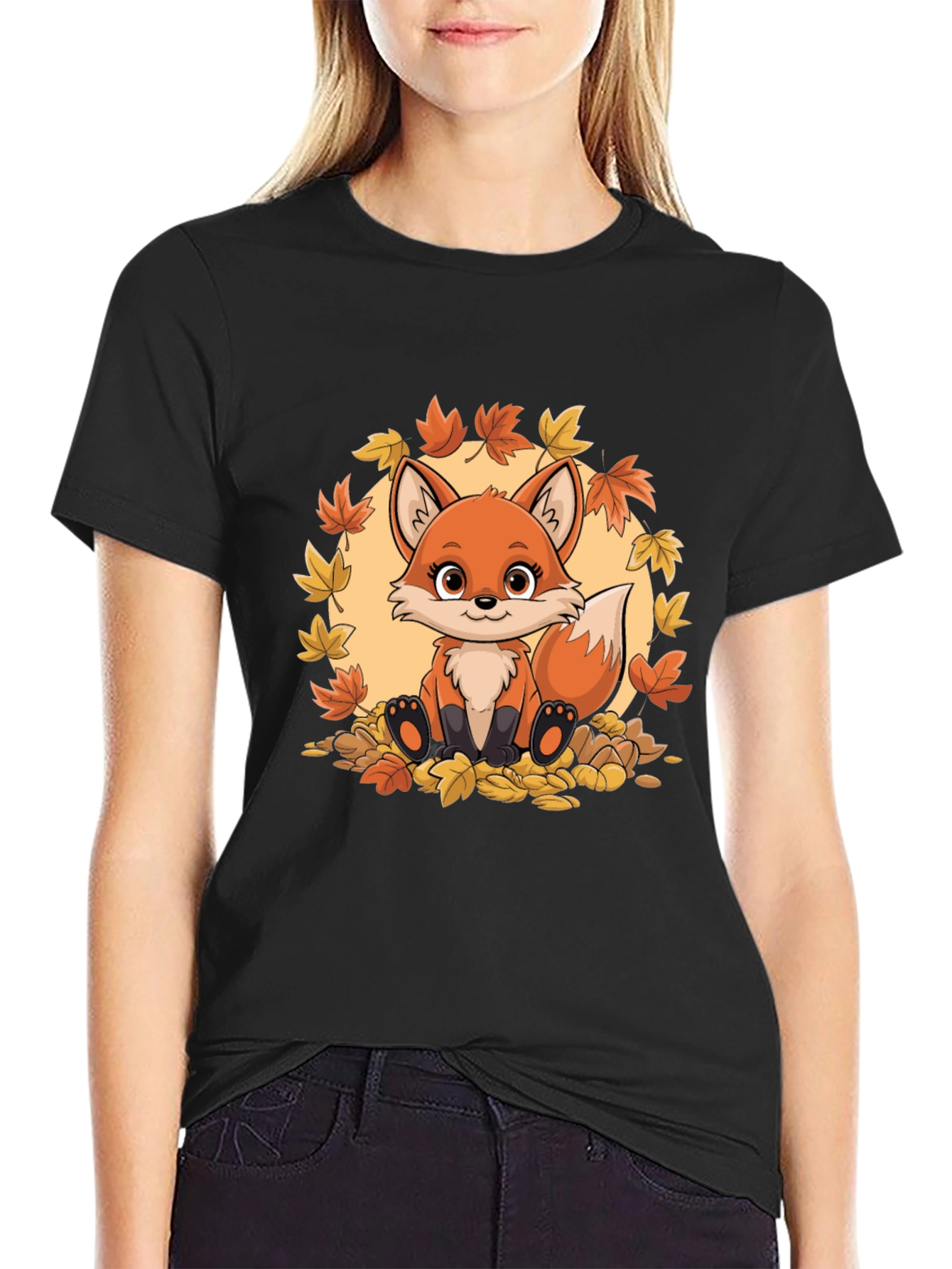 Cute Fox Autumn Leaves Graphic T-Shirt