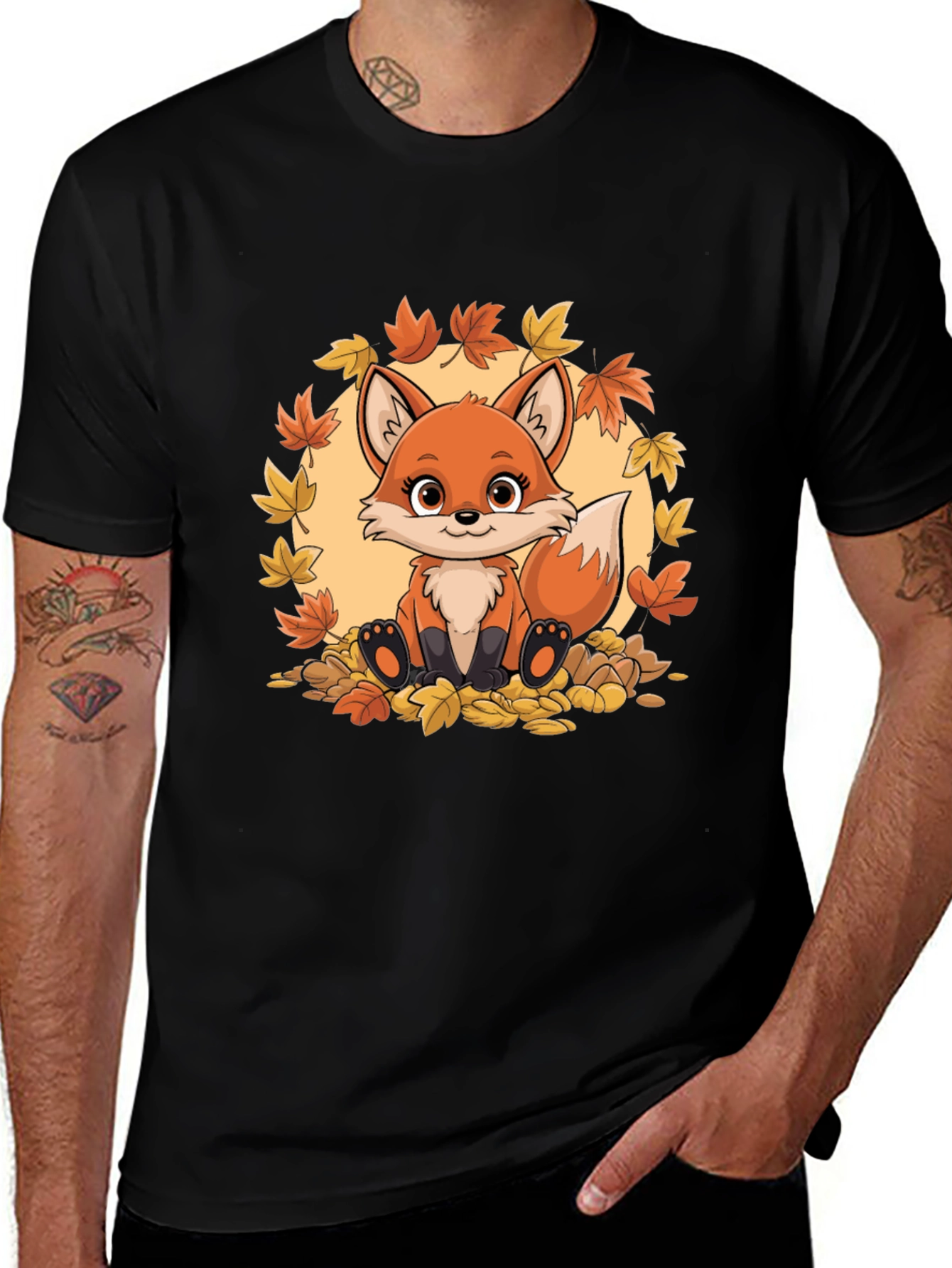Cute Fox Autumn Leaves Graphic T-Shirt