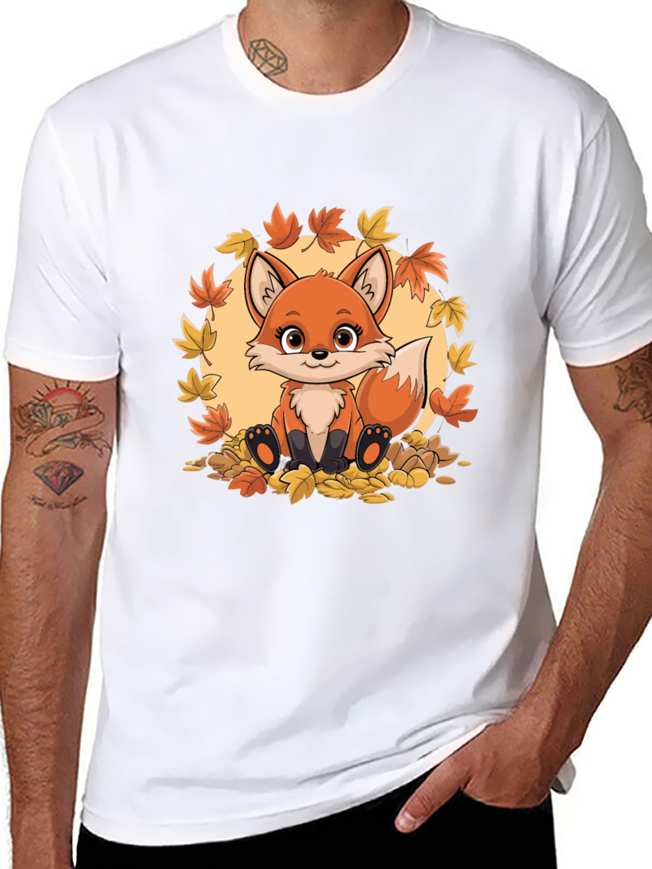 Cute Fox Autumn Leaves Graphic T-Shirt