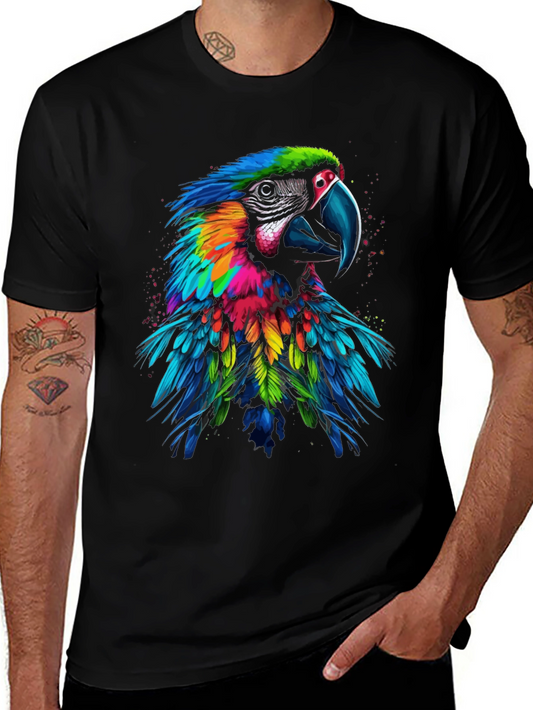 Colorful Parrot Graphic Print Black T-Shirt