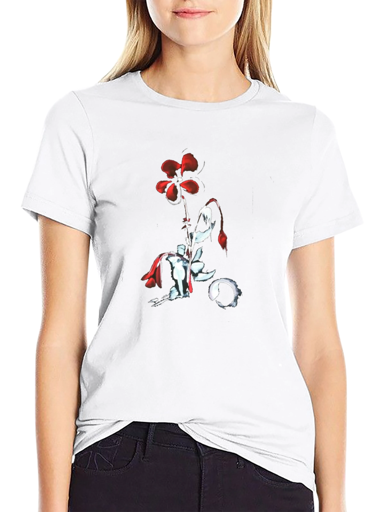 Red Flower Black T-Shirt