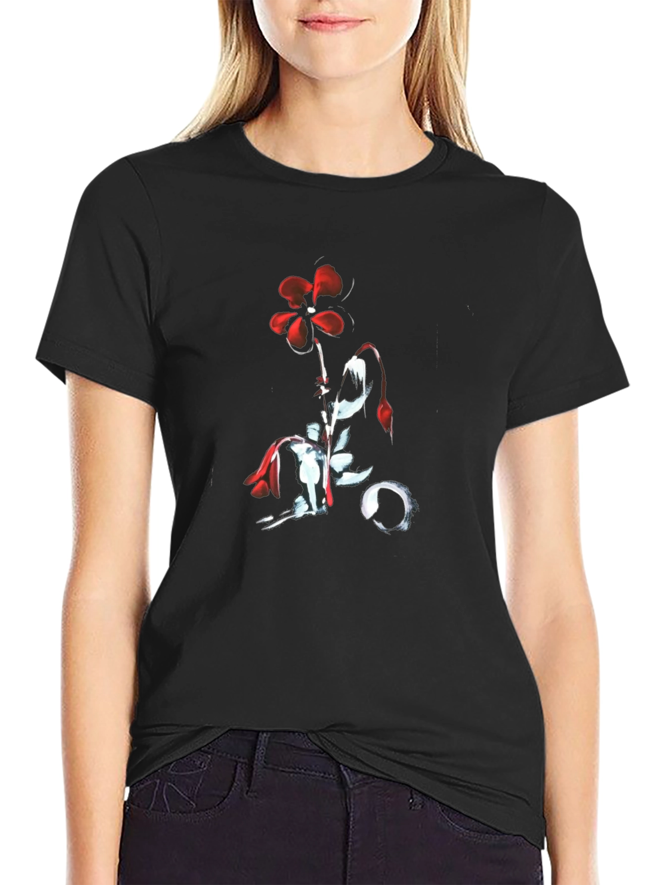 Red Flower Black T-Shirt