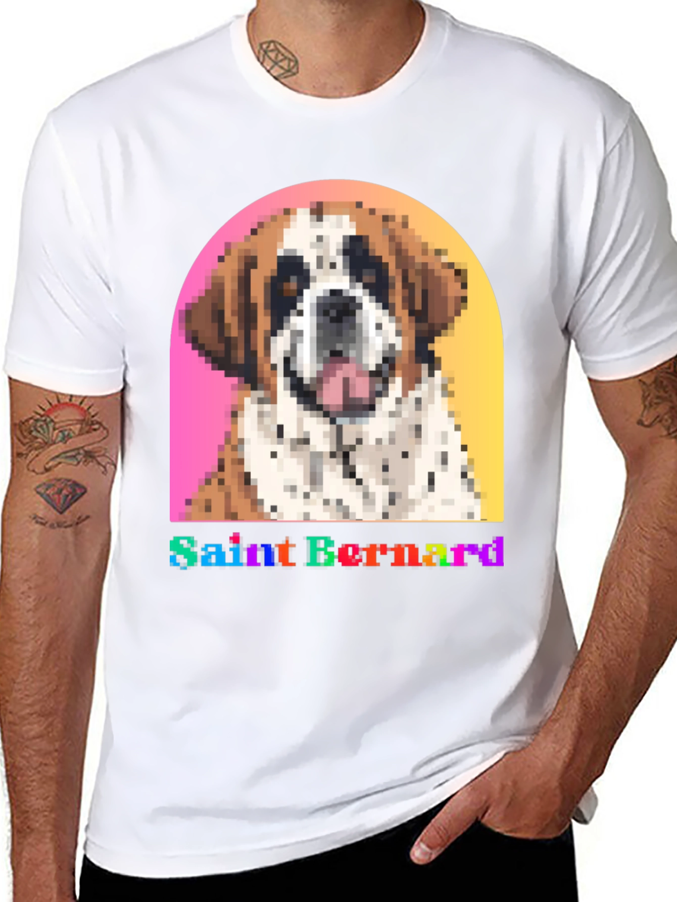 Saint Bernard Dog Pixel Art Black T-Shirt