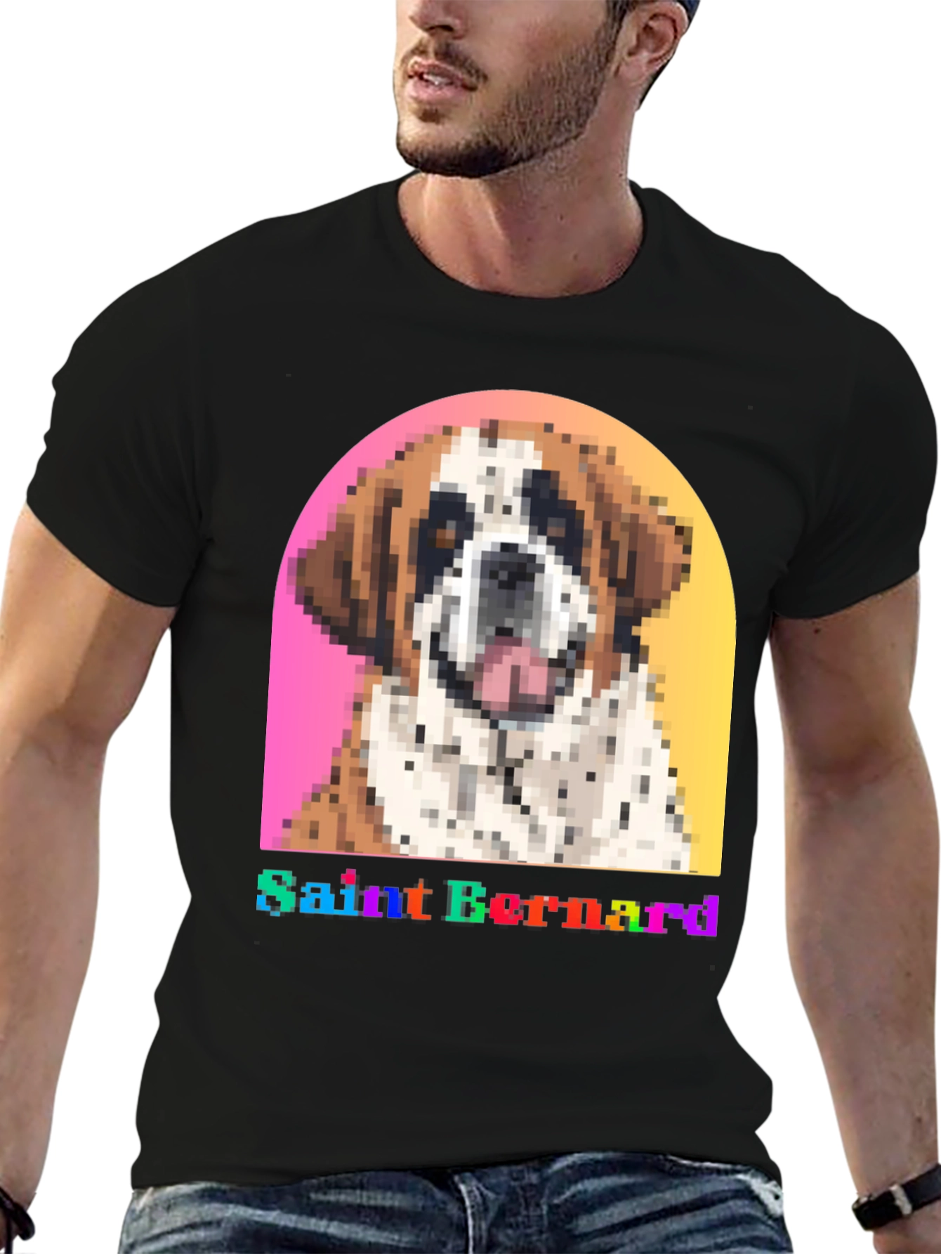 Saint Bernard Dog Pixel Art Black T-Shirt