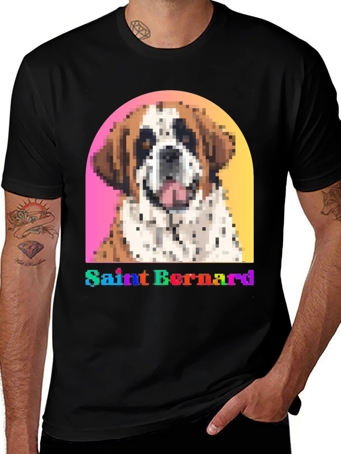 Saint Bernard Dog Pixel Art Black T-Shirt