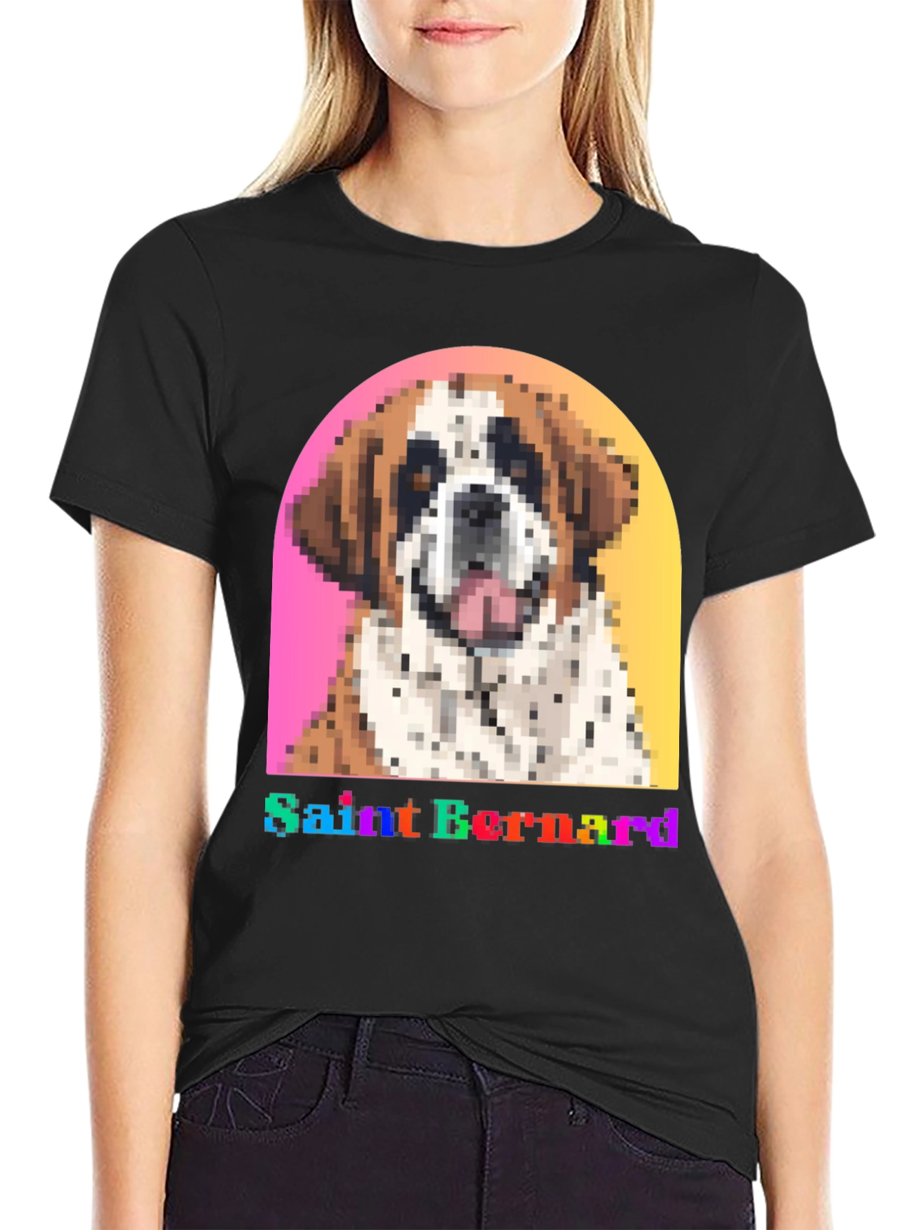 Saint Bernard Dog Pixel Art Black T-Shirt