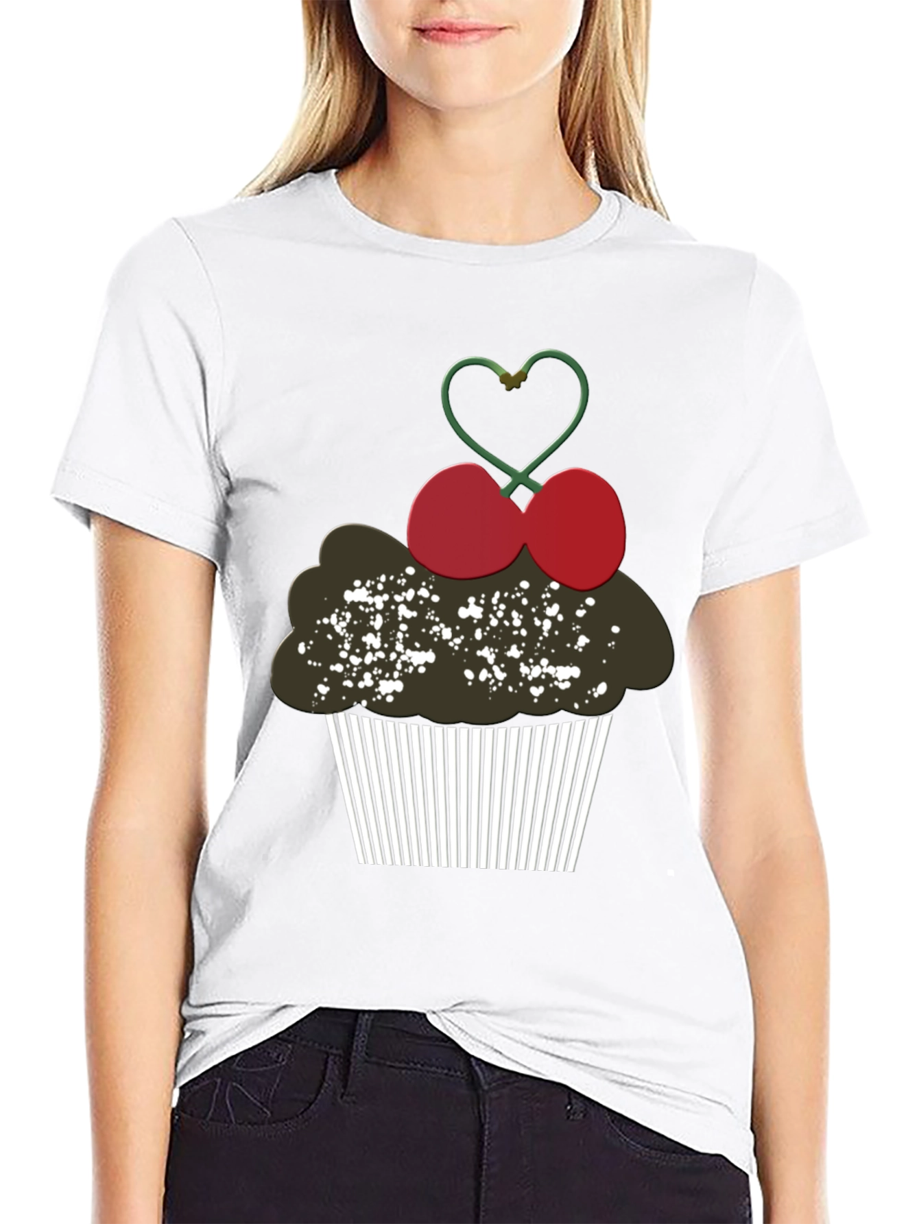 Cupcake Cherry Heart Graphic Tee - Black