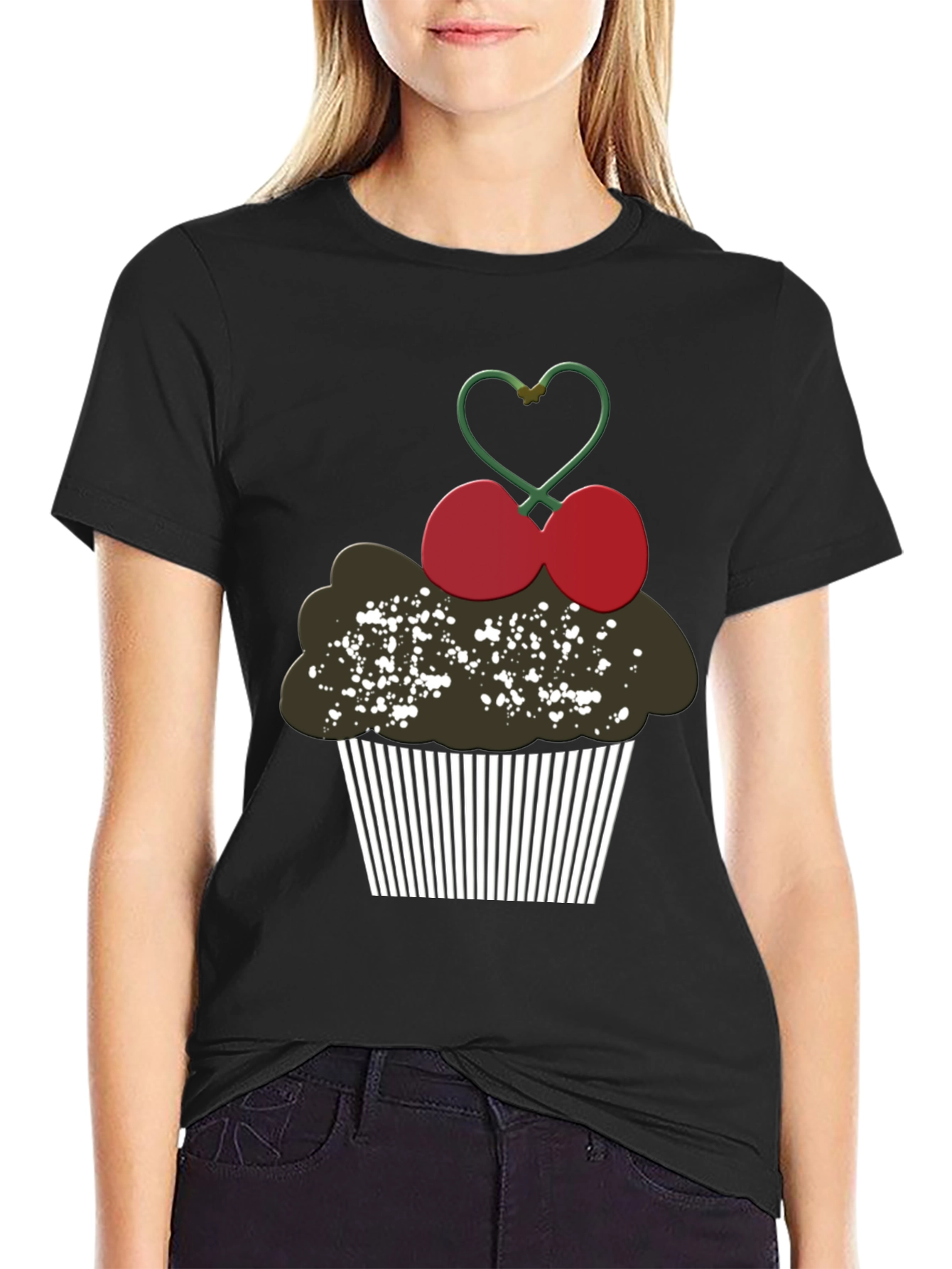 Cupcake Cherry Heart Graphic Tee - Black