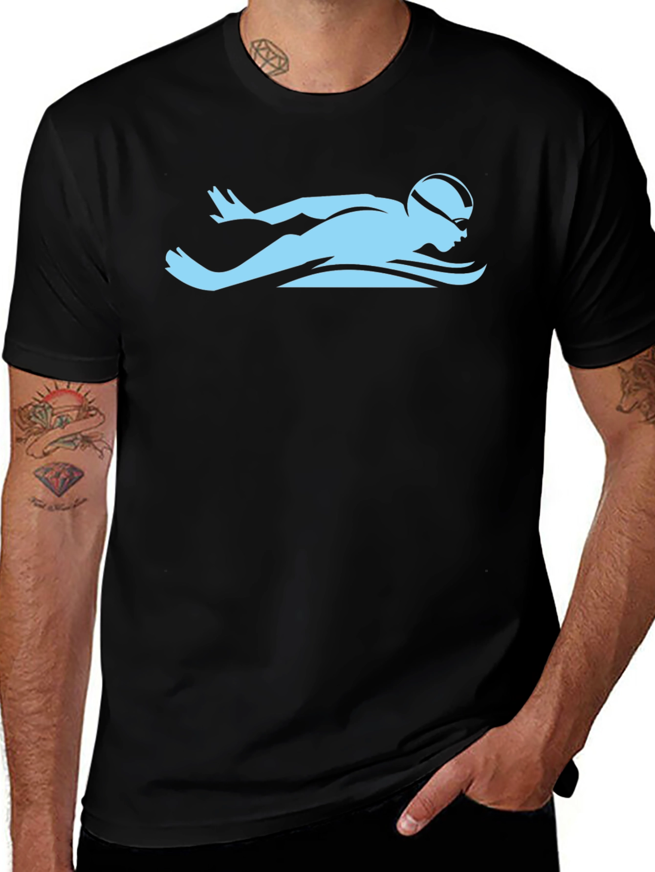 Swimmer Graphic Tee - Black Cotton Casual Shirt