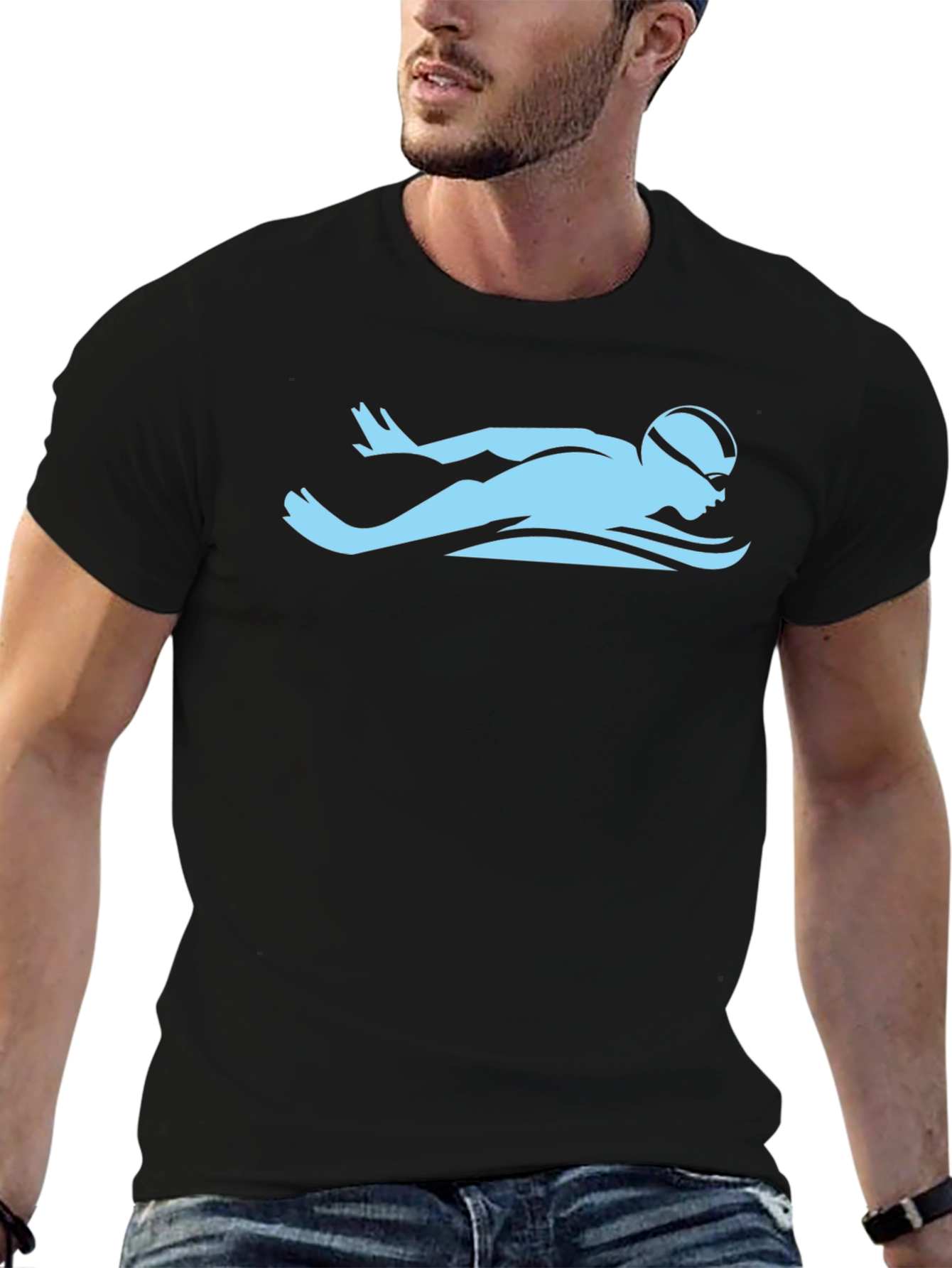Swimmer Graphic Tee - Black Cotton Casual Shirt