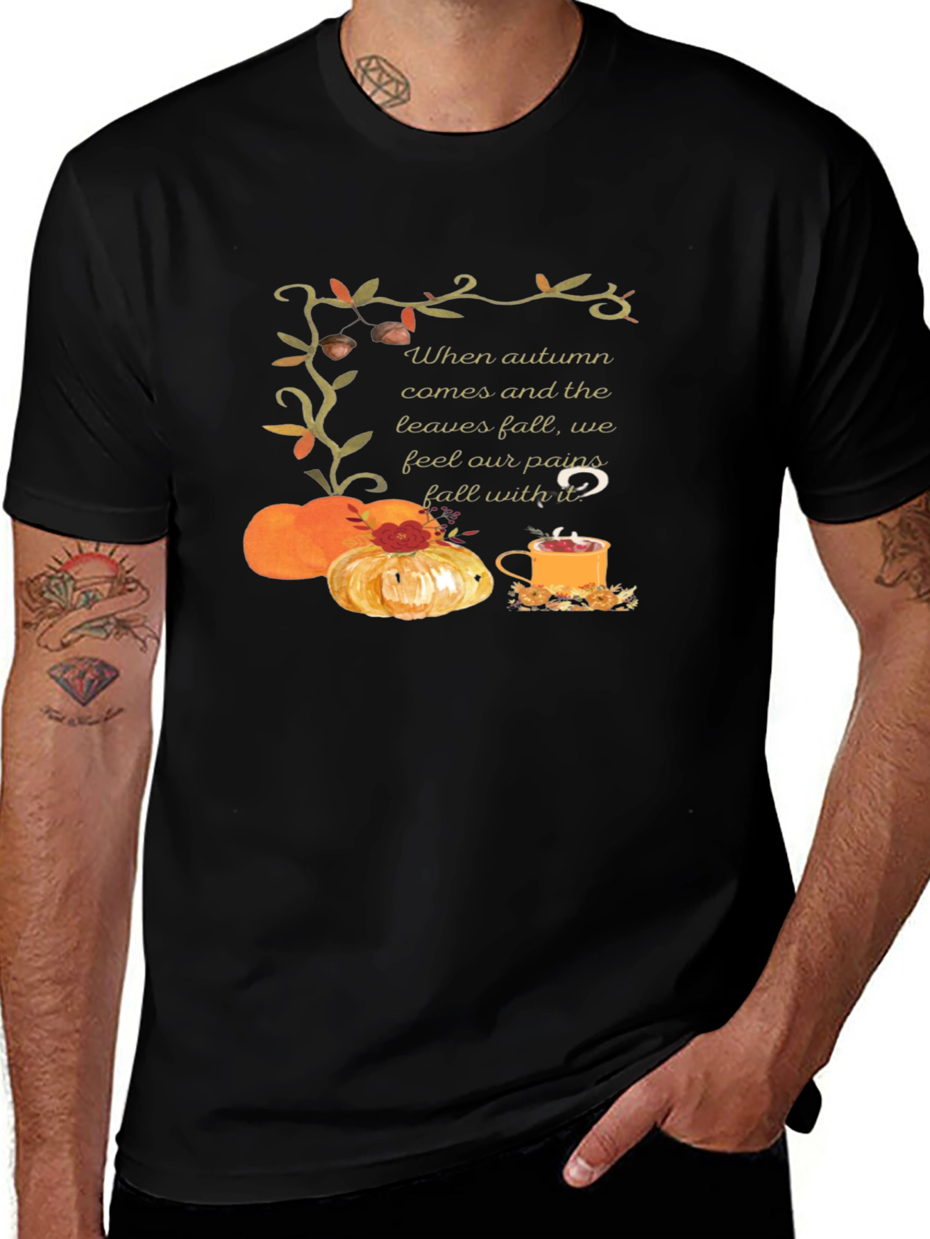 Autumn Comfort T-Shirt: Pumpkins Tea and Cozy Vibes