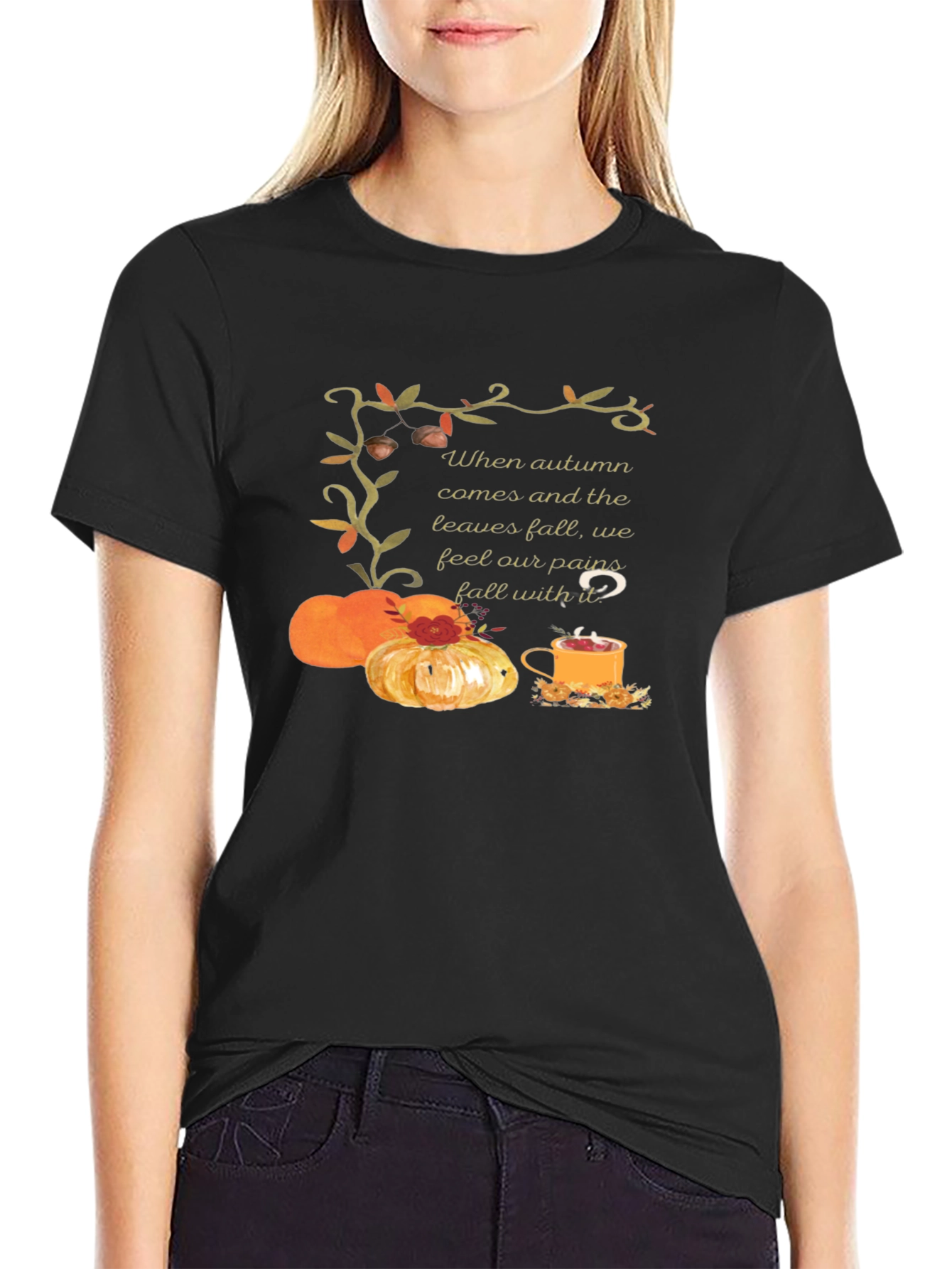 Autumn Comfort T-Shirt: Pumpkins Tea and Cozy Vibes